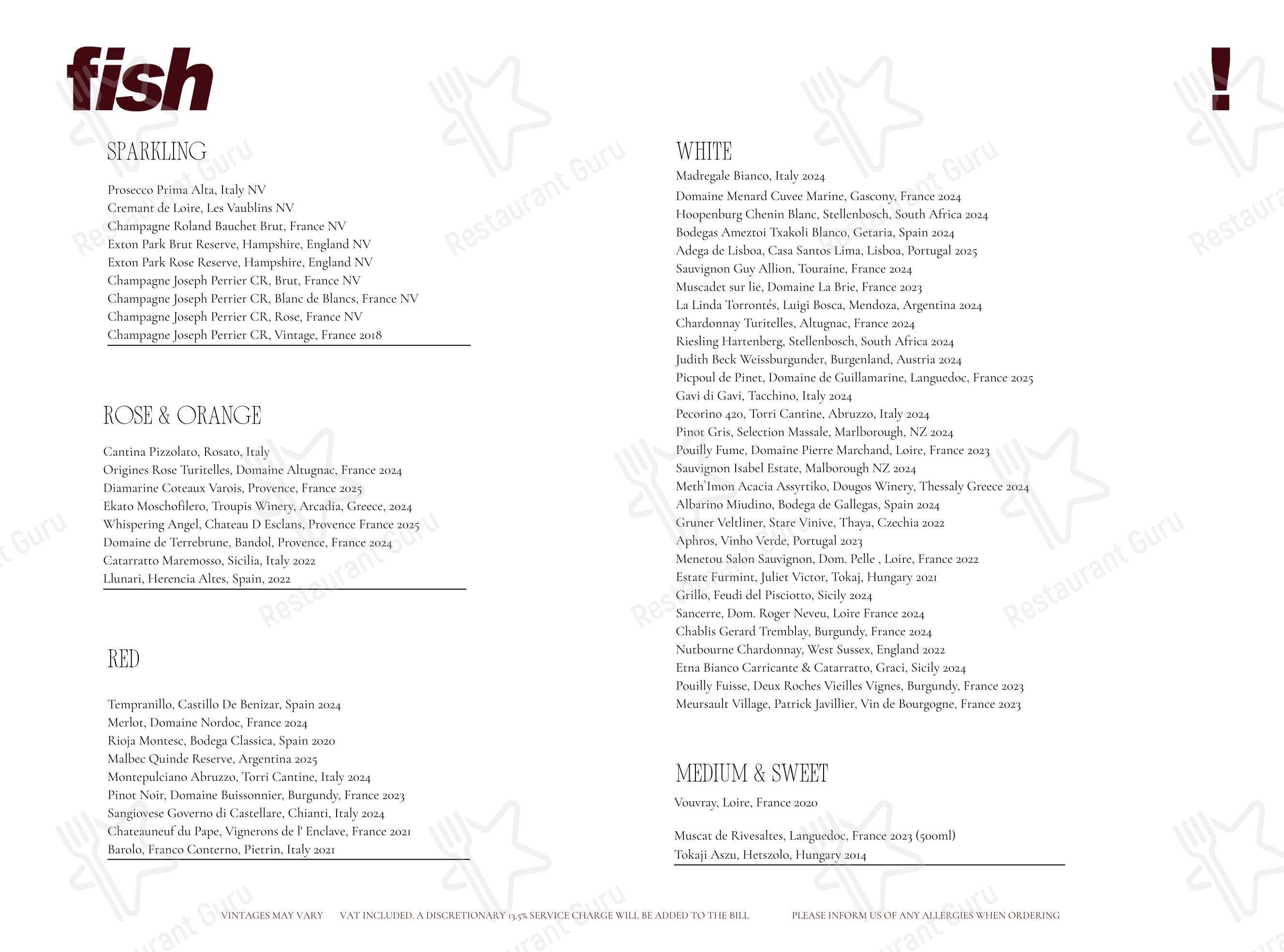 Меню напитков ресторана Fish! Borough Market Restaurant