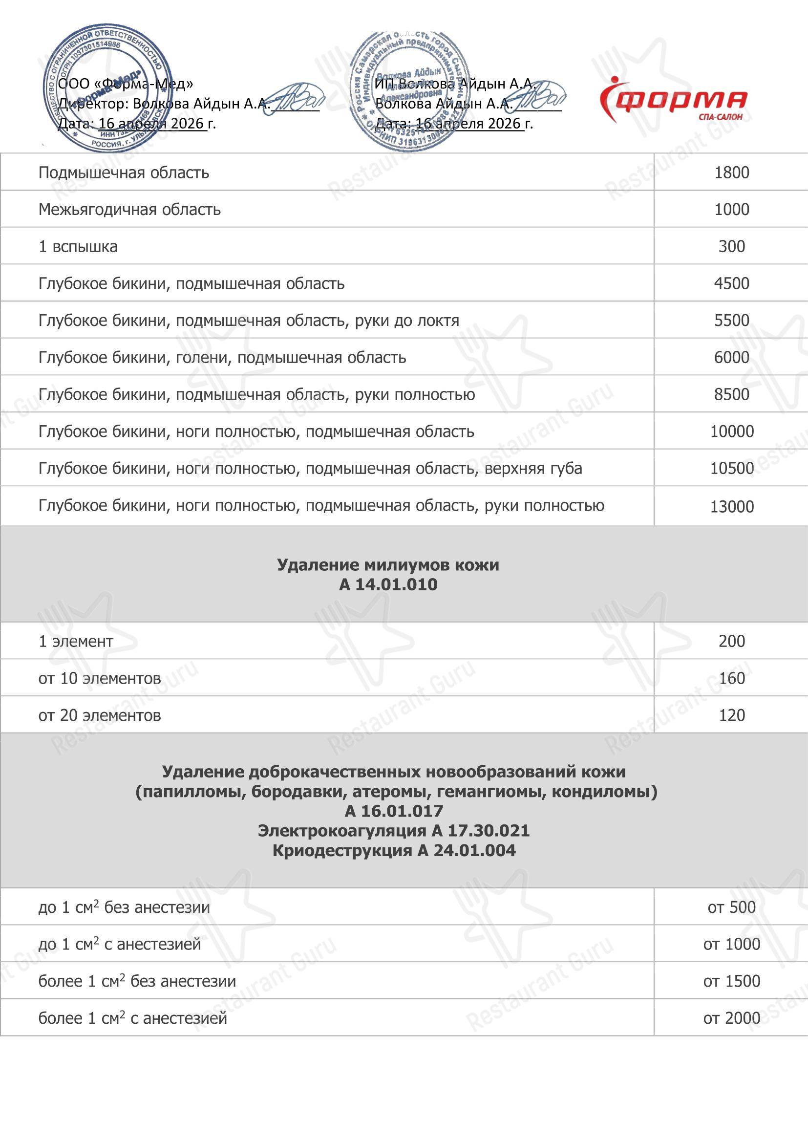 Меню кафе Форма - Меню напитков