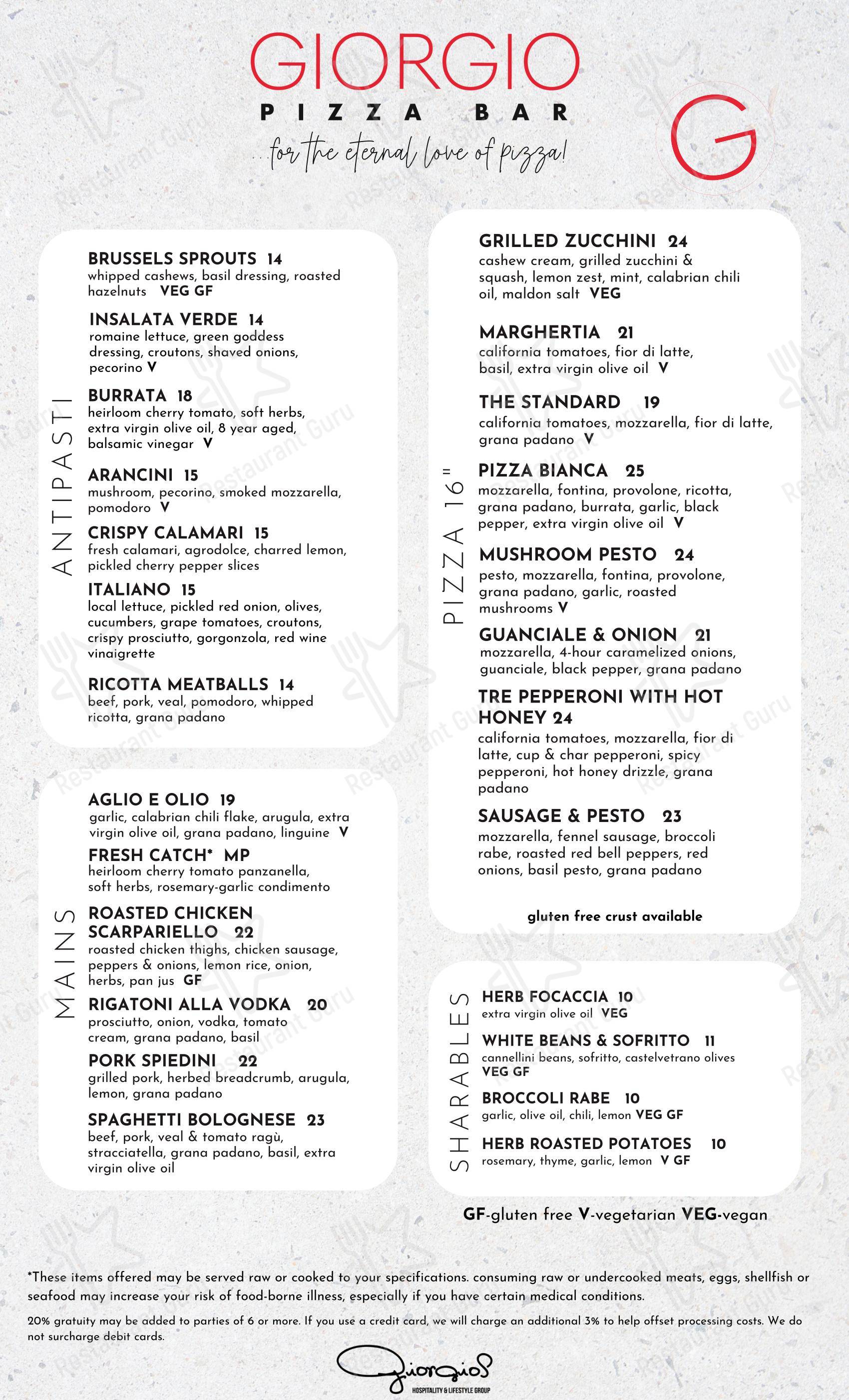 Меню напитков пиццерии Giorgio Pizza Bar в Ролях