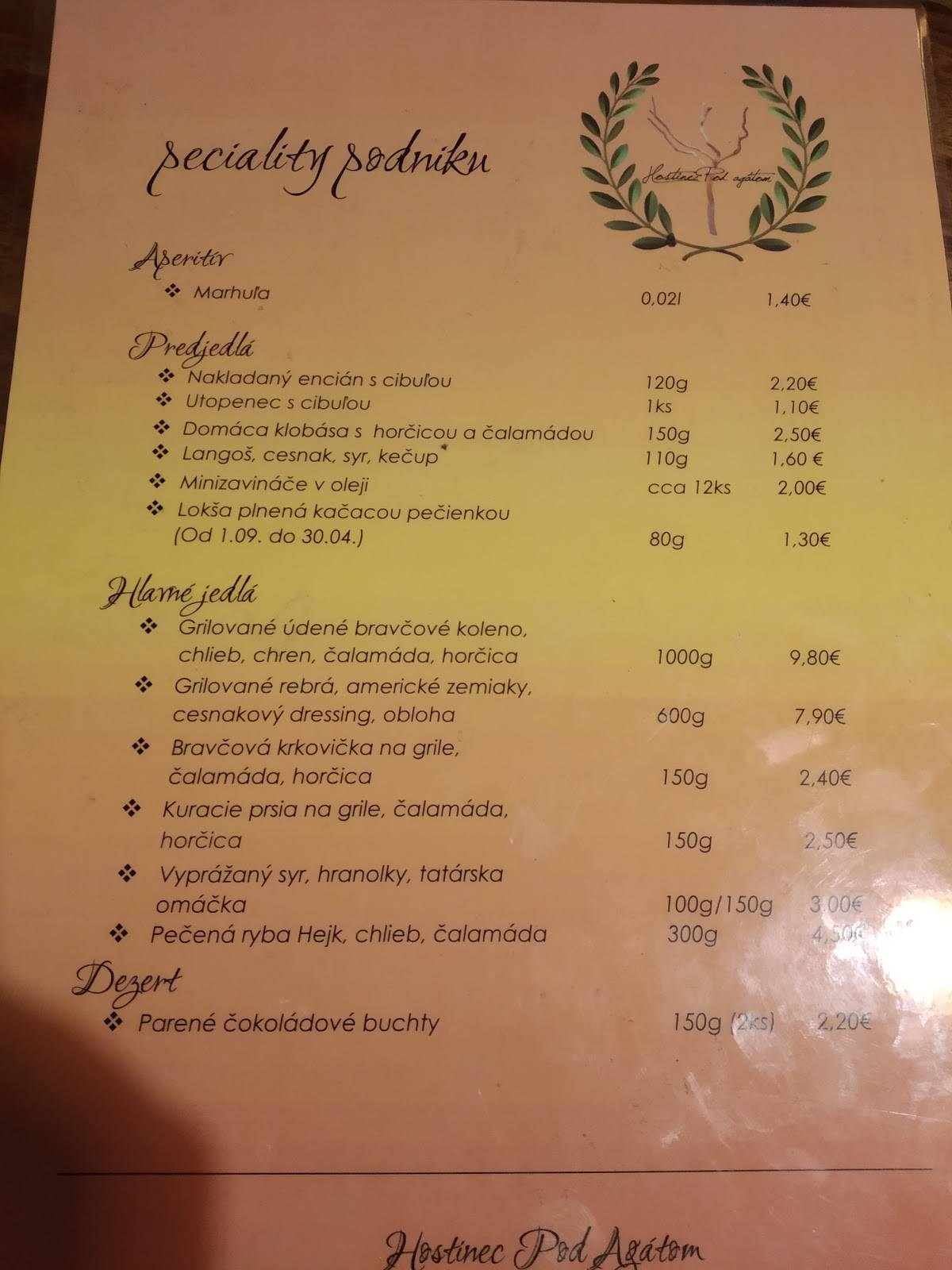 Hostinec Pod Agátom меню