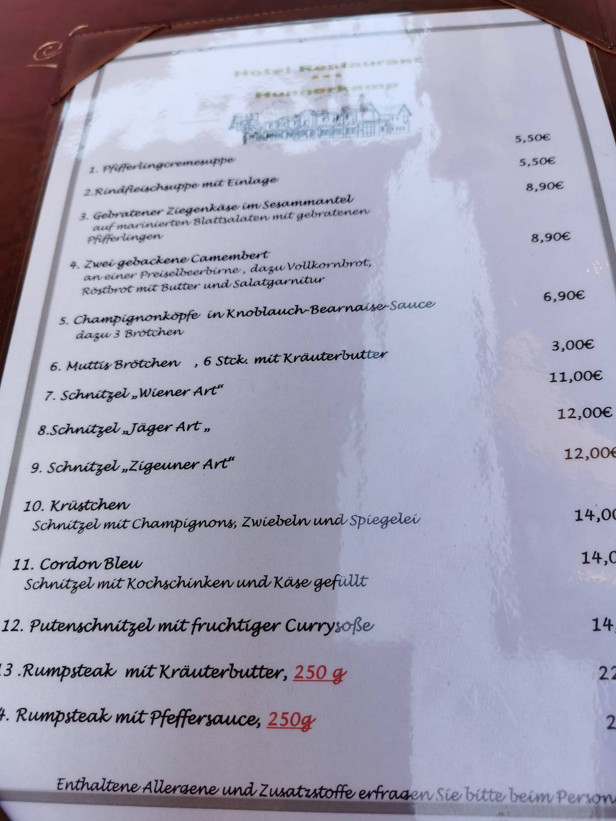 Hotel-Restaurant Hungerkamp меню