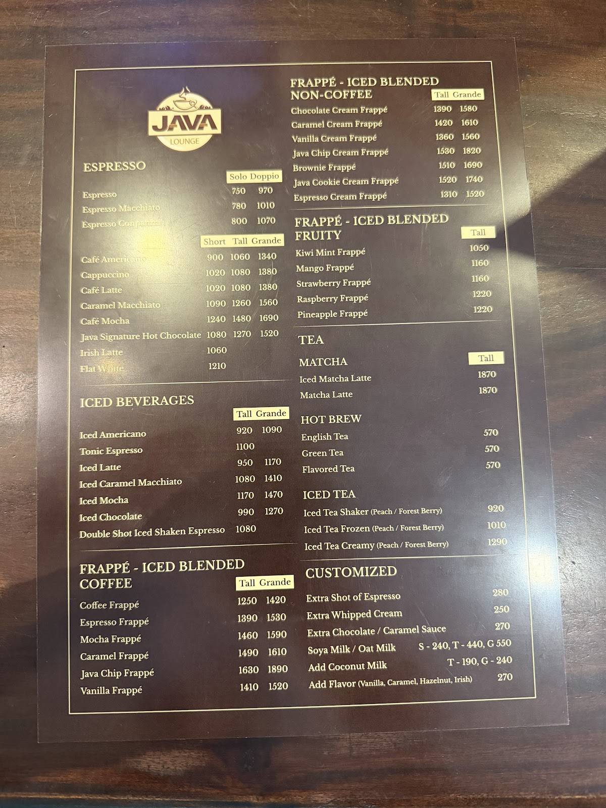 Java Lounge - Kandy меню