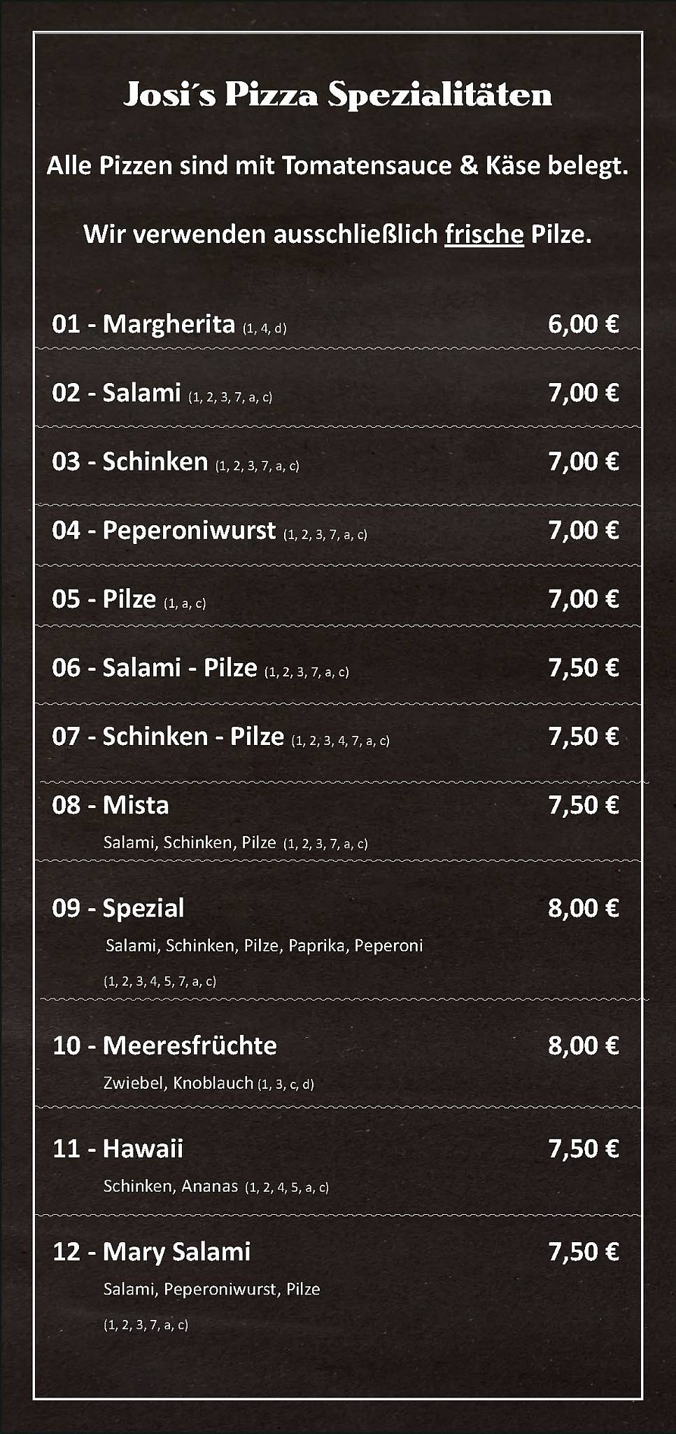 Josis Pizza меню
