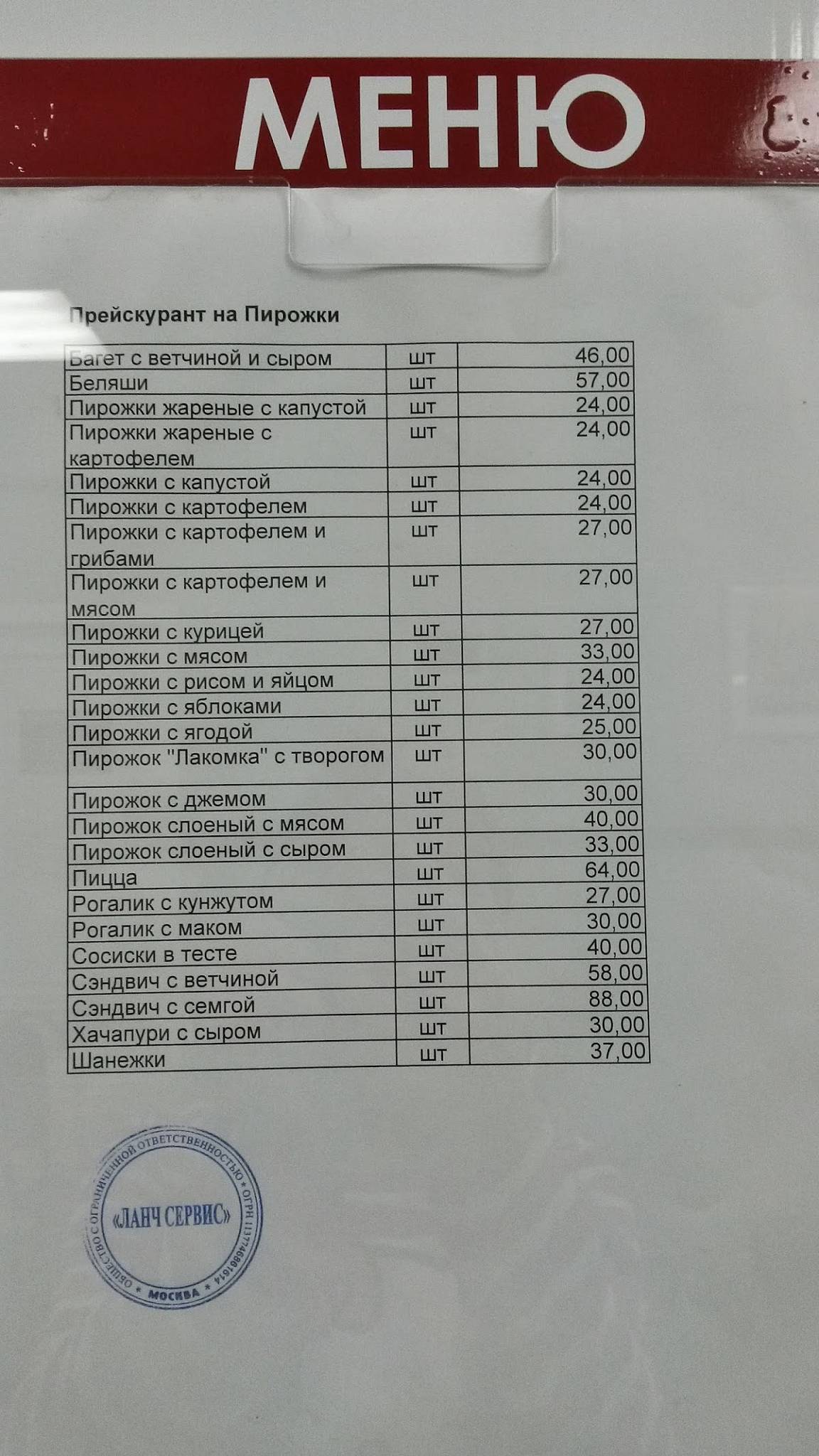 Кафетерий меню