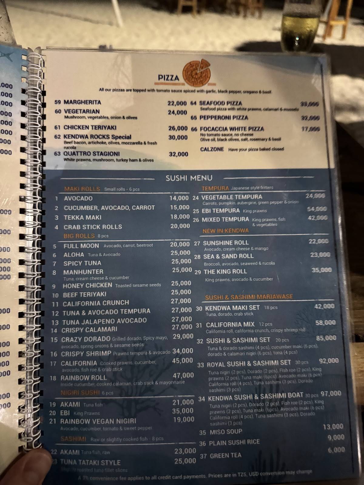 Kendwa Rocks Restaurant меню