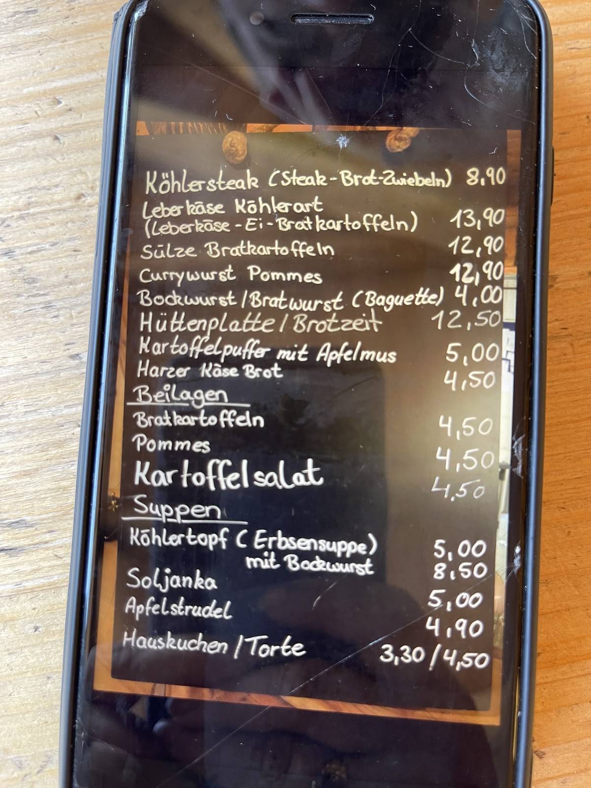 Köhlerhütte меню