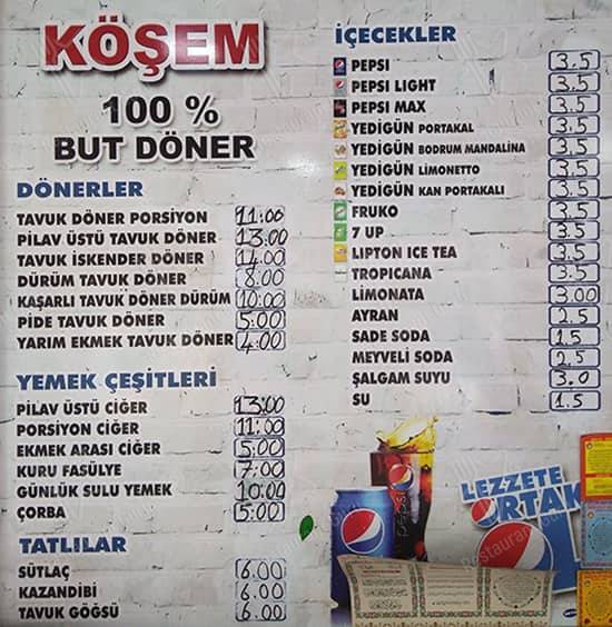 Köşem Döner меню