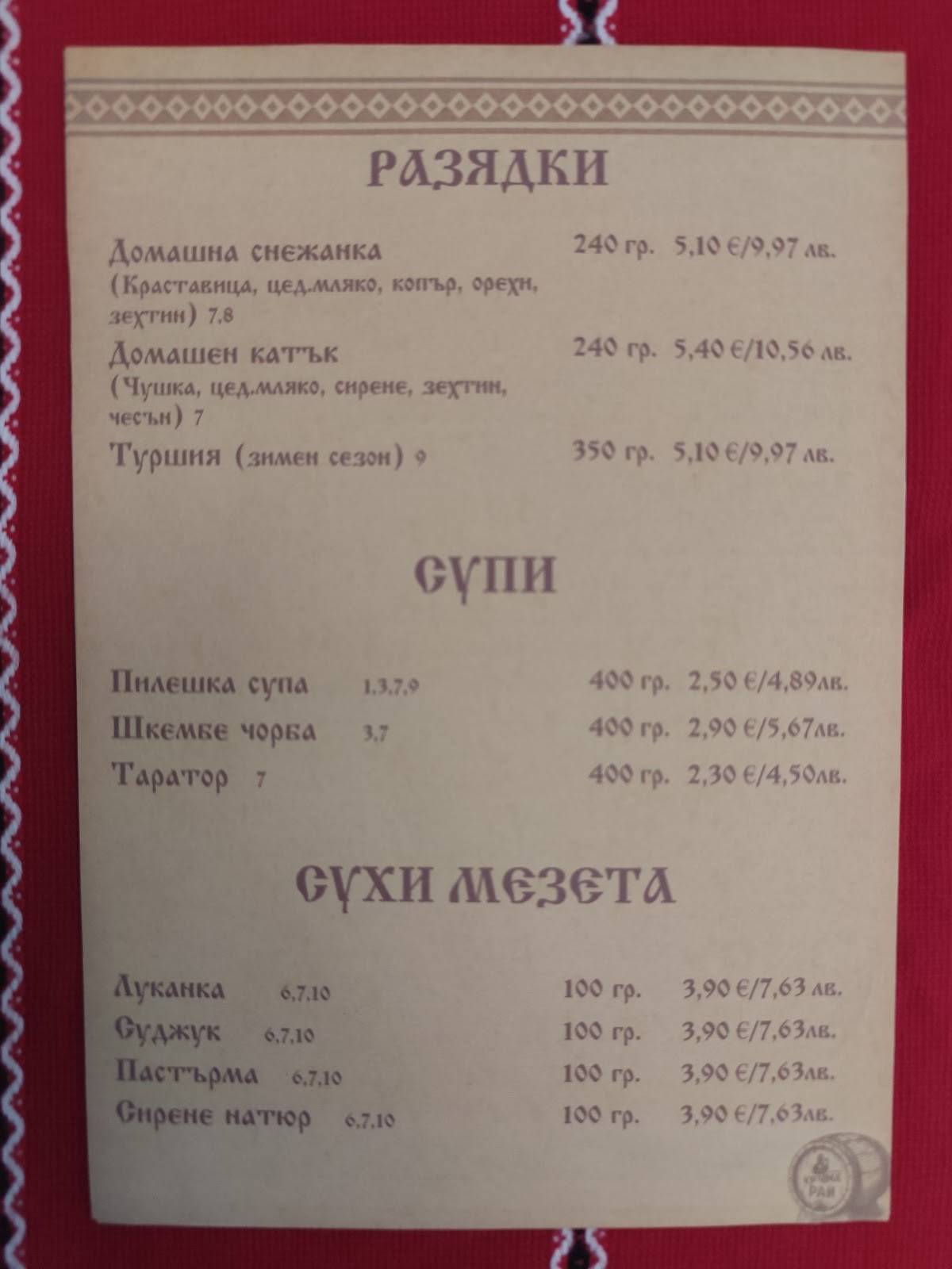 Кръчма Рай меню