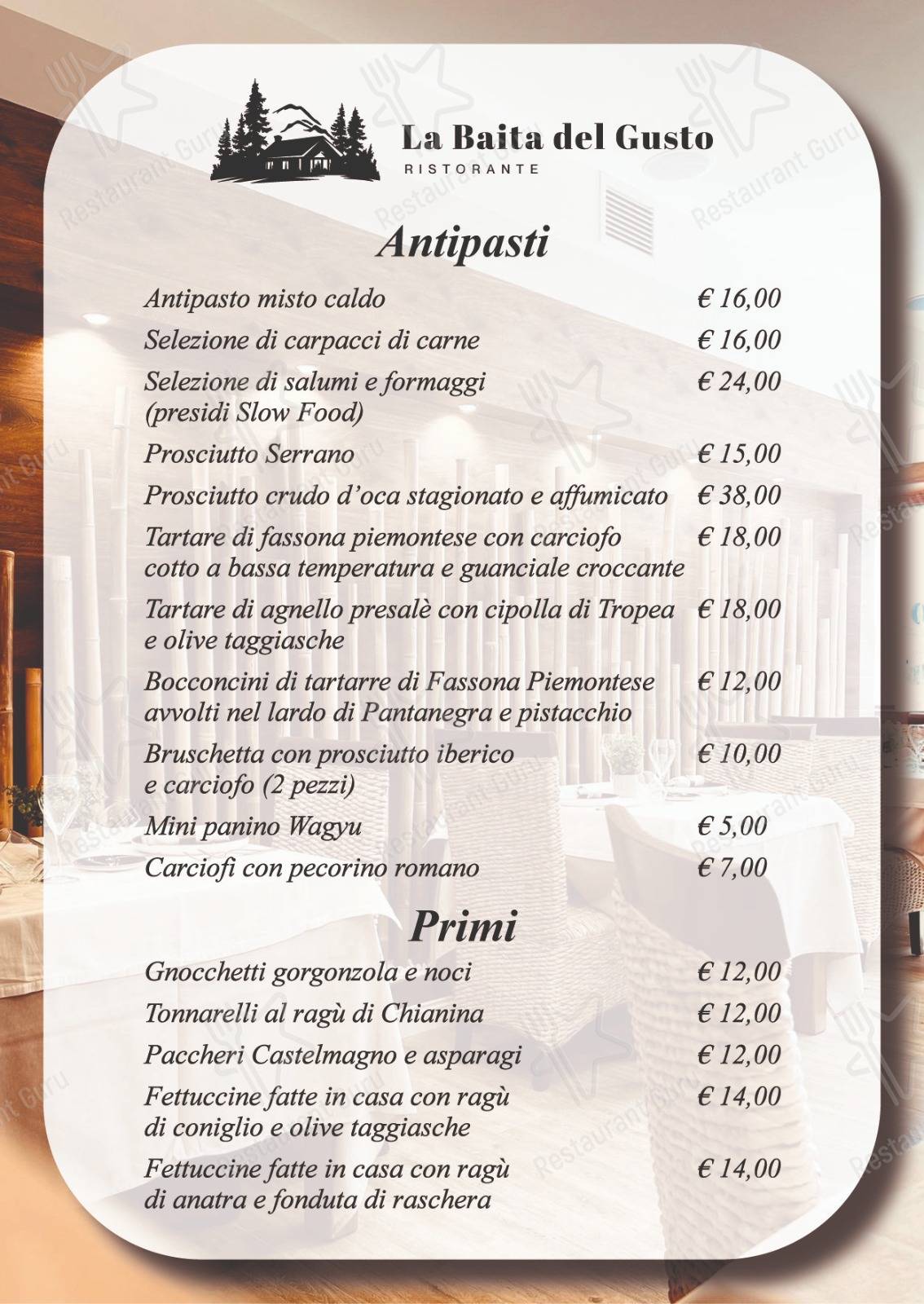 Меню LA BAITA DEL GUSTO RISTORANTE - блюда и напитки
