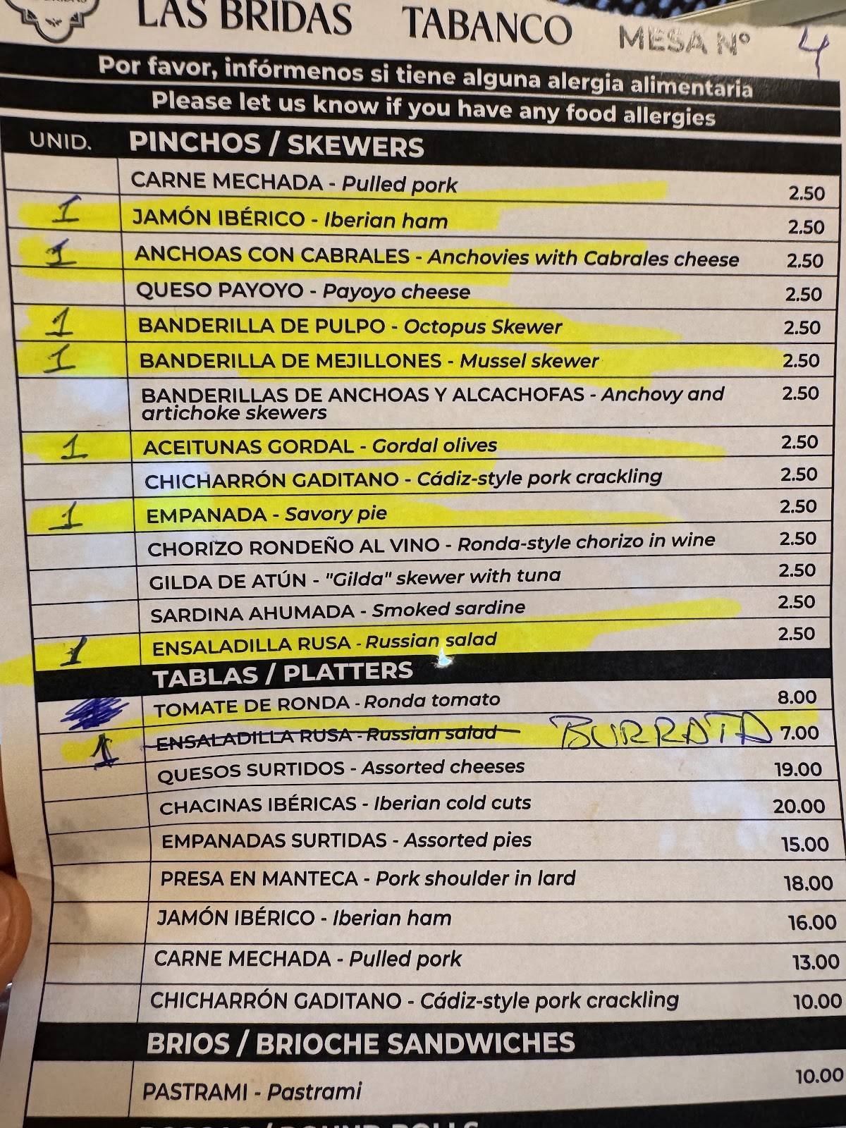 Las Bridas меню