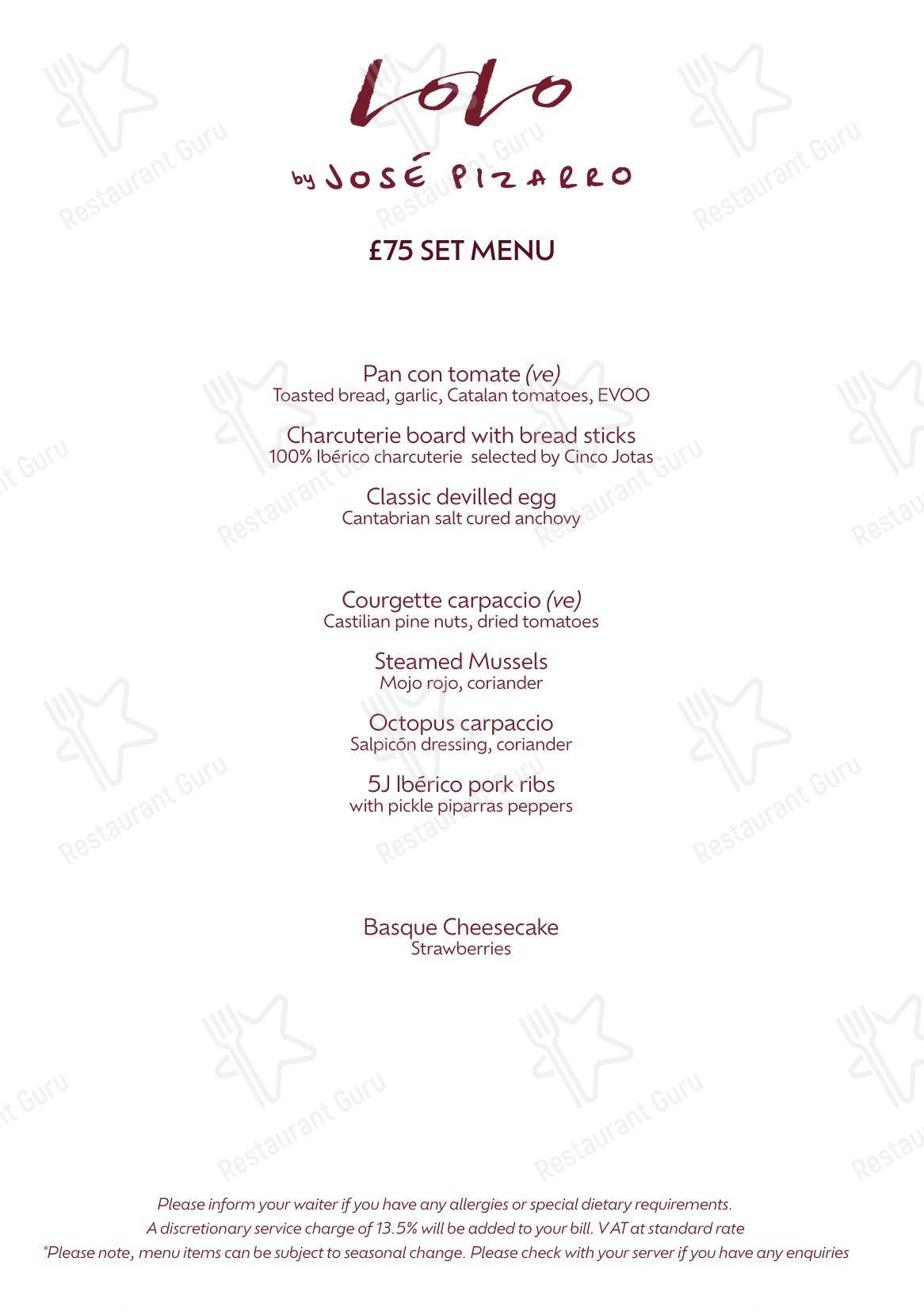 Меню ресторана Lolo by José Pizarro - Bar menu