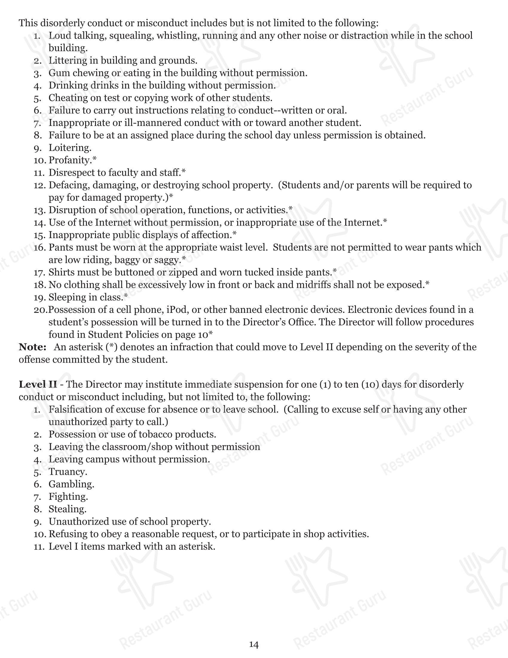菜单 кафетерия Mabry Cafeteria