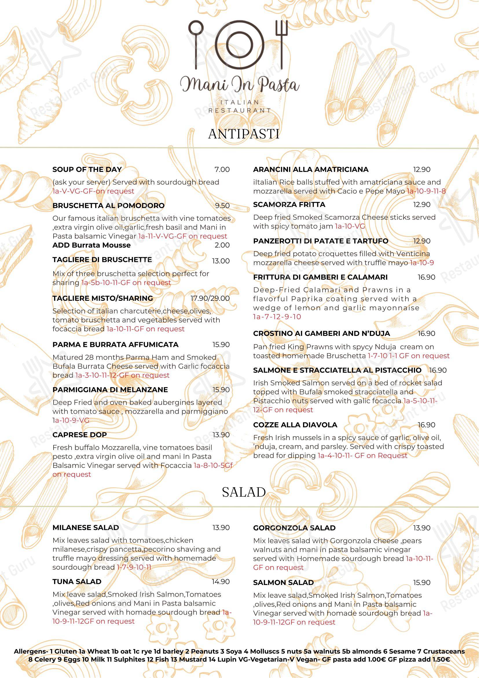 Меню ресторана Mani In Pasta Authentic Italian Restaurant Athy - Меню