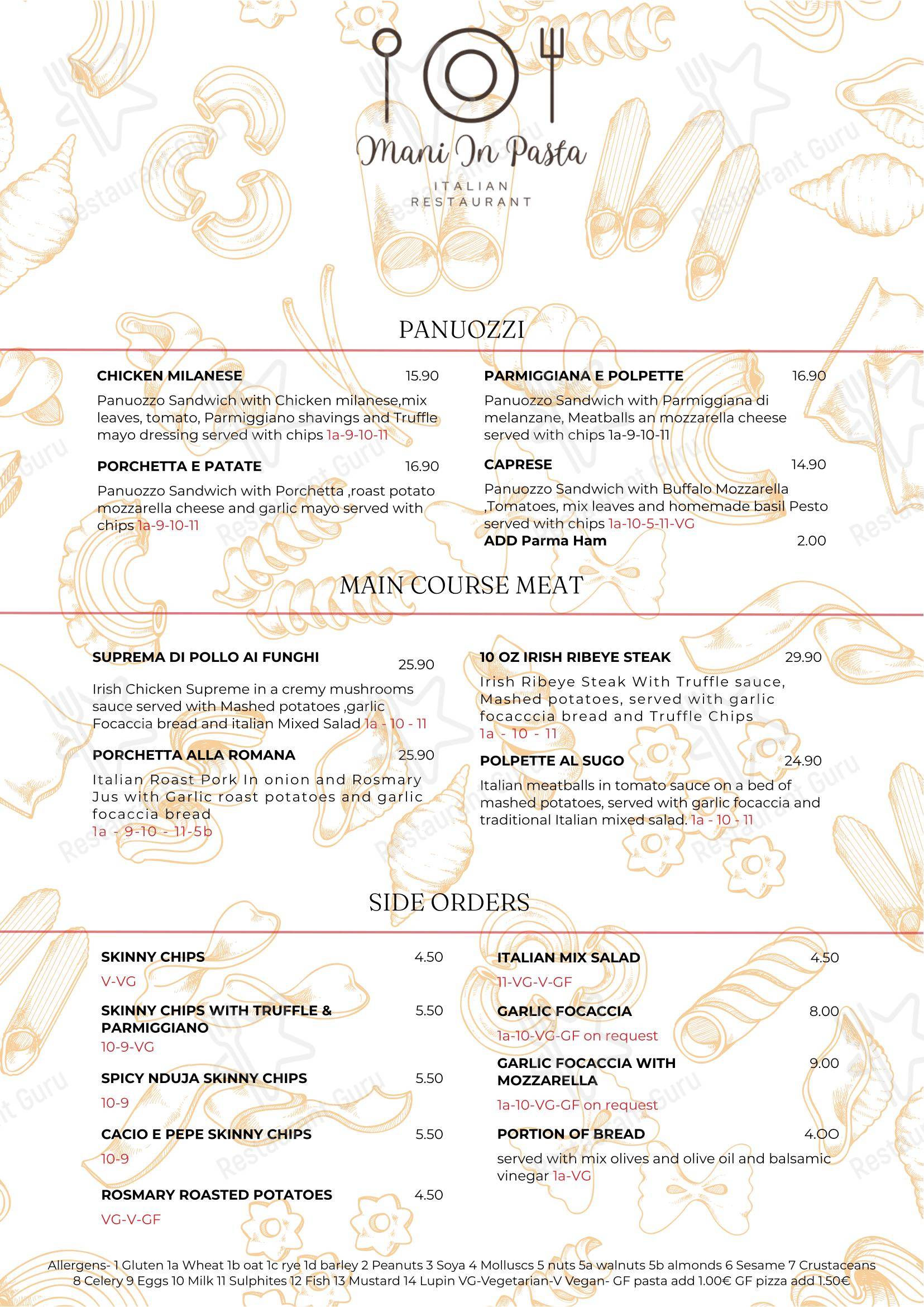 Меню ресторана Mani In Pasta Authentic Italian Restaurant Athy в Атае