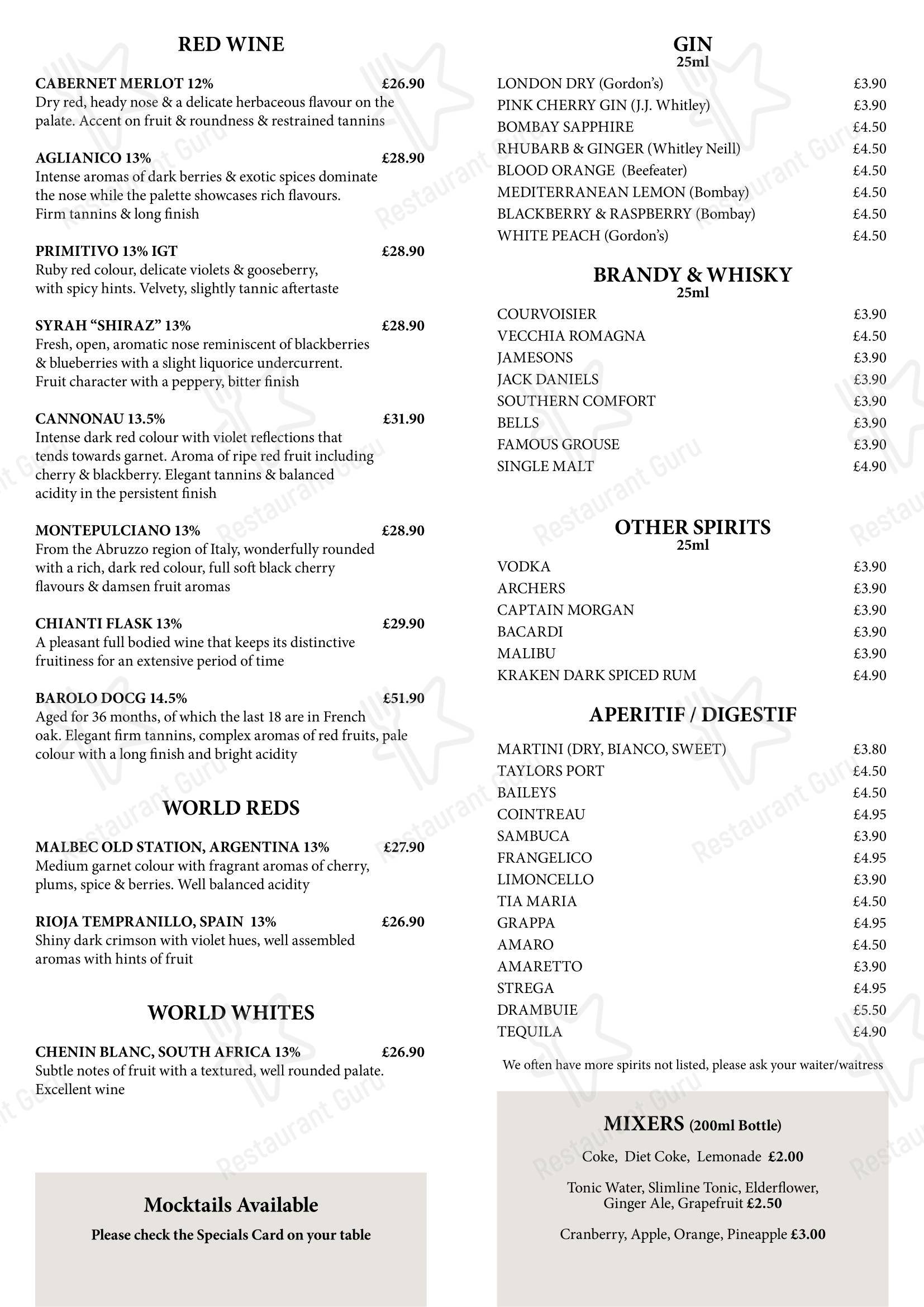 Меню ресторана Mario's Restaurant Ripon