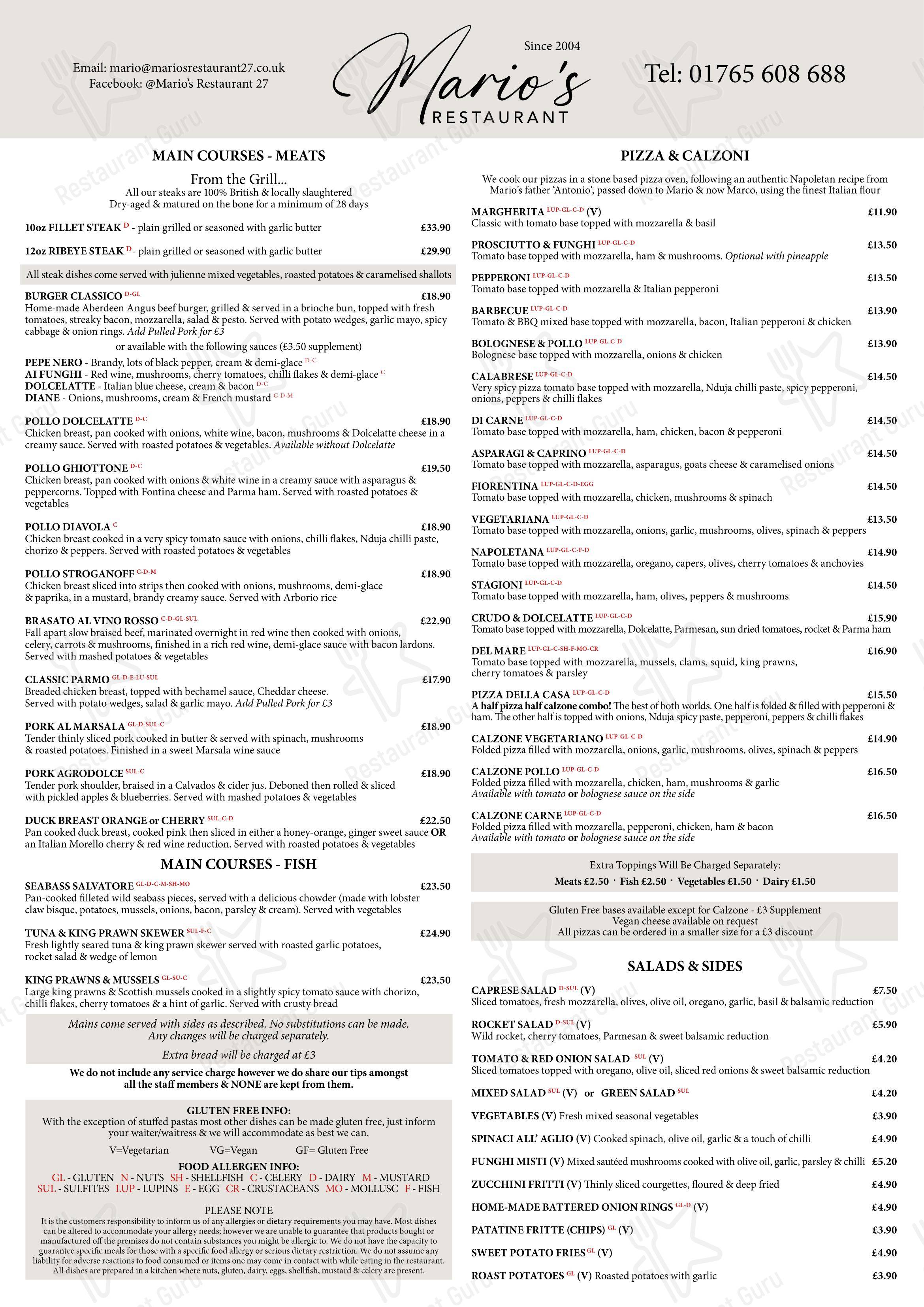 菜单 ресторана Mario's Restaurant Ripon в Рипоне