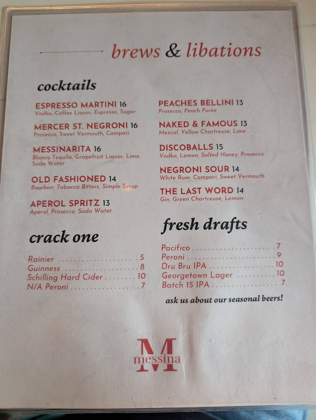Messina Modern Italian Kitchen меню