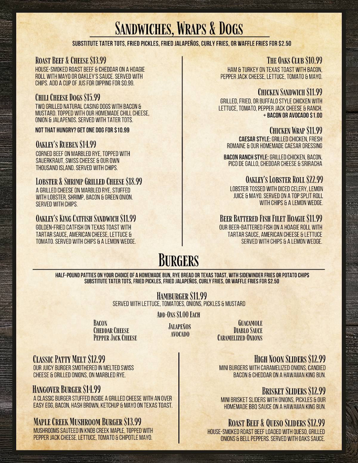 Oakley's Texas Bar and Grill меню