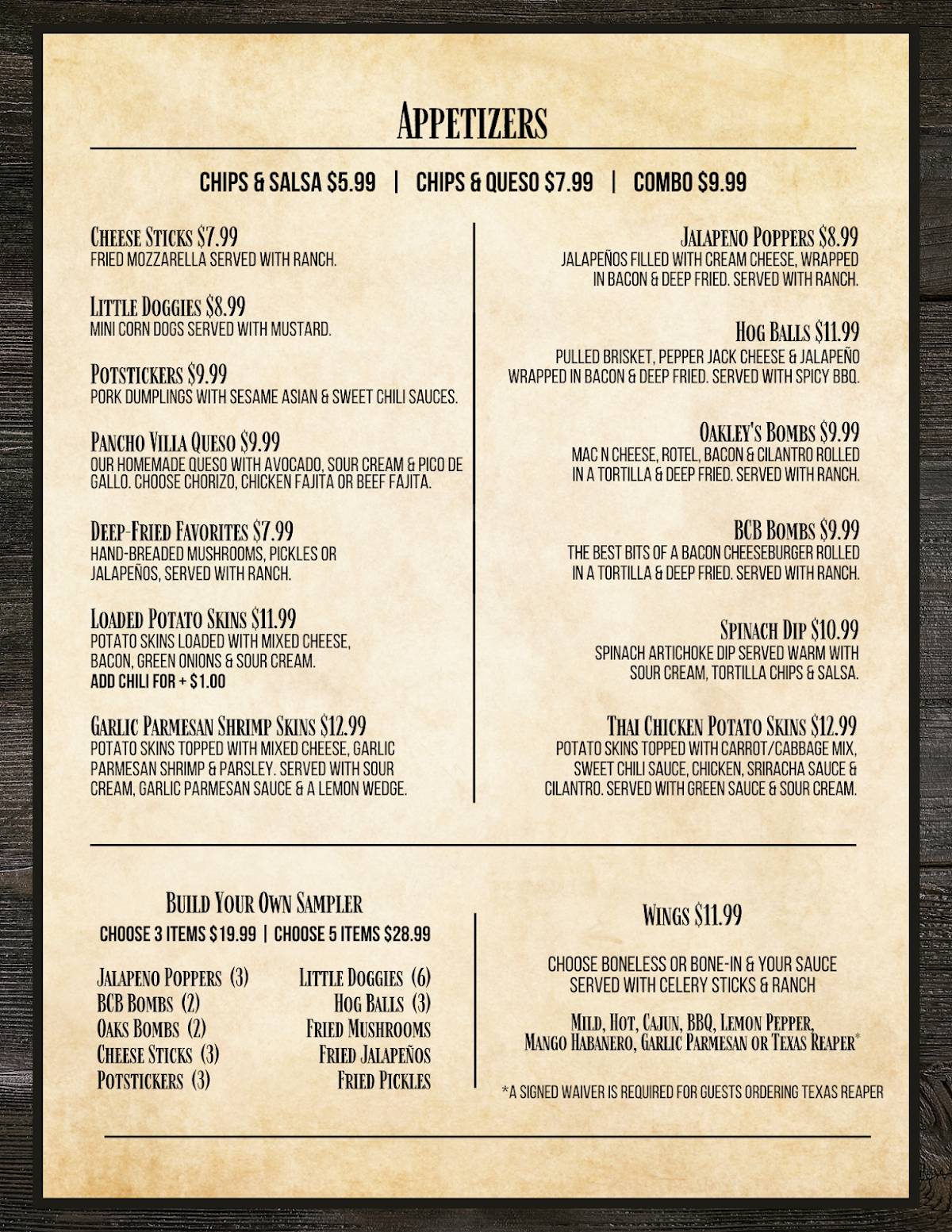 Oakley's Texas Bar and Grill меню