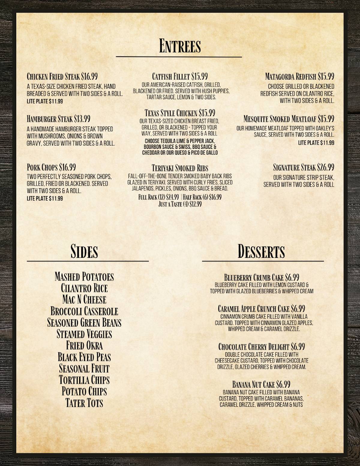 Oakley's Texas Bar and Grill меню