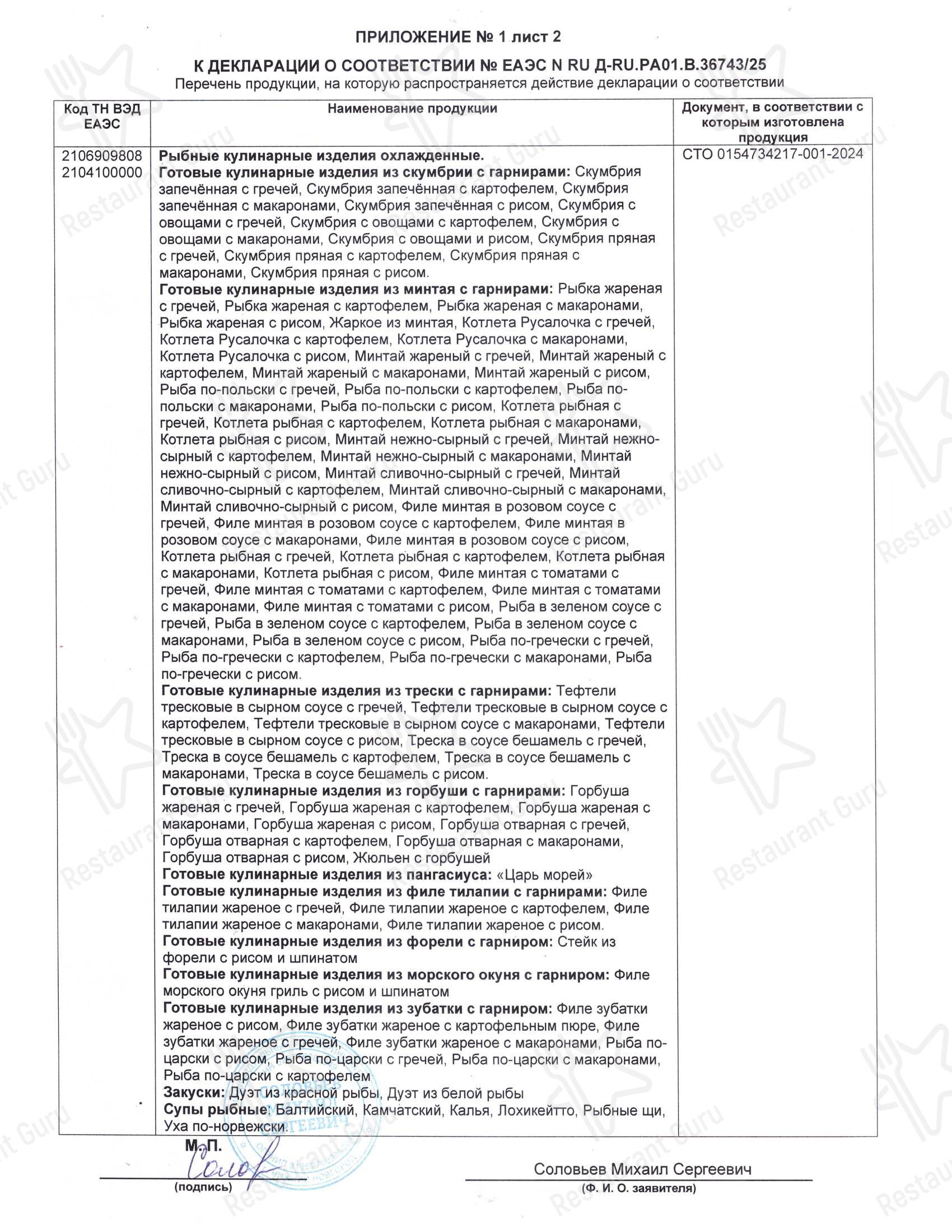 Меню ресторана Обед-нн