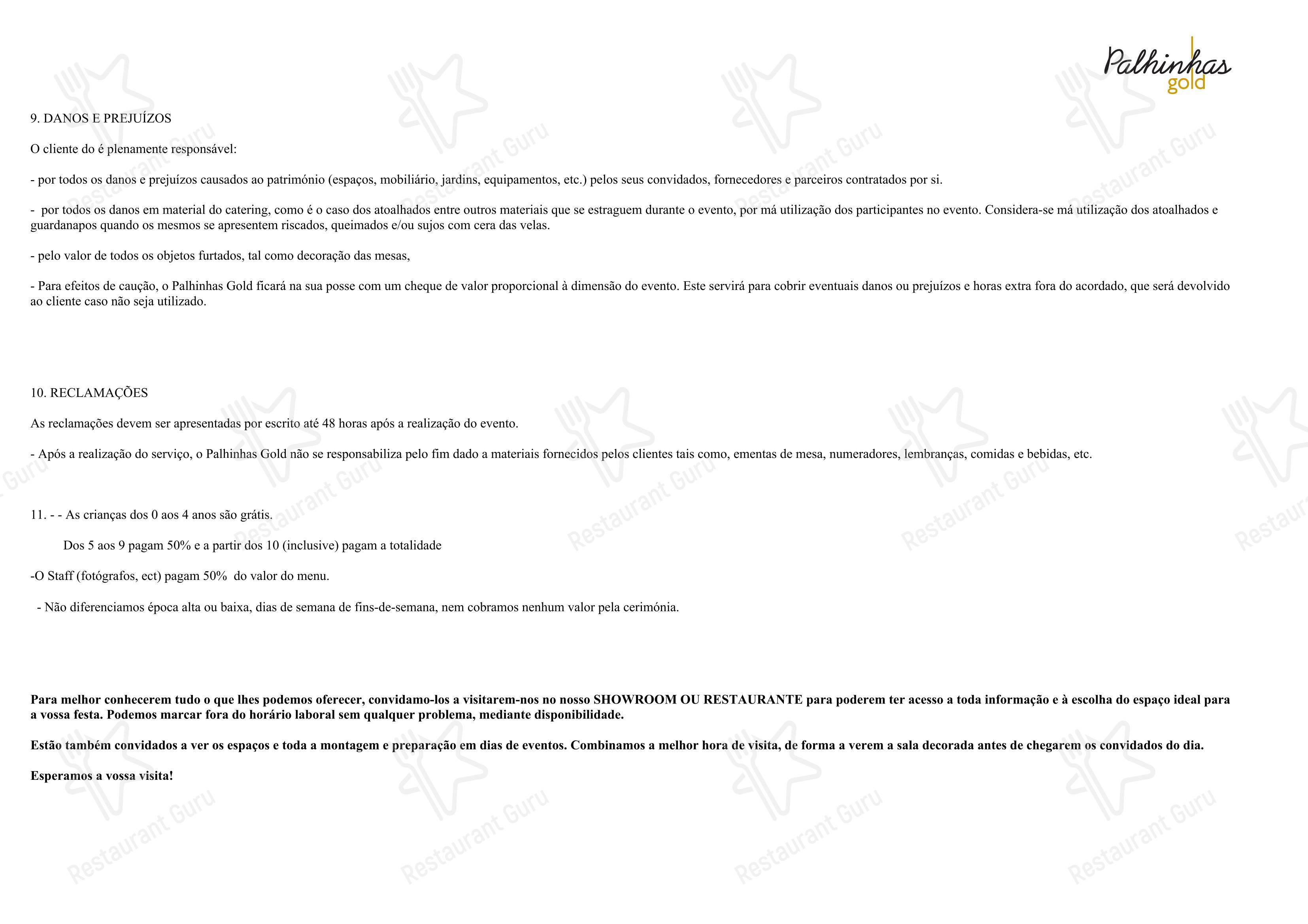 Catering Menu ресторана Palhinhas Gold