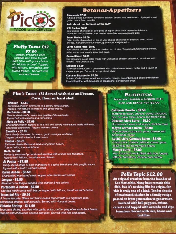 Pico's Tacos and Cerveza меню