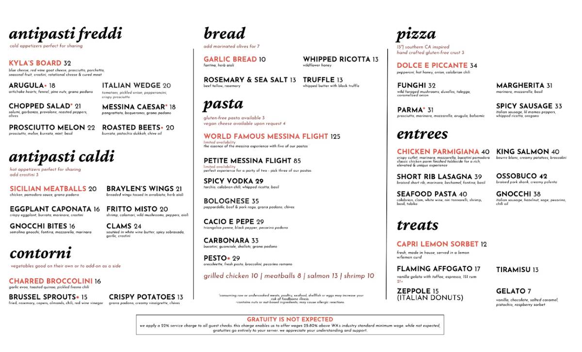 Messina Modern Italian Kitchen меню