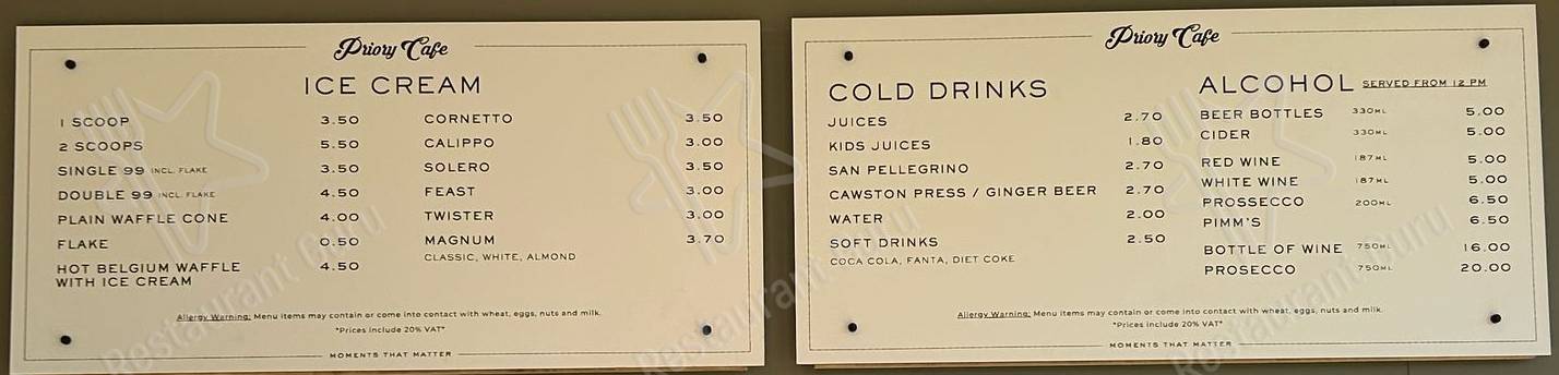 Меню для посетителей ресторана Priory Cafe