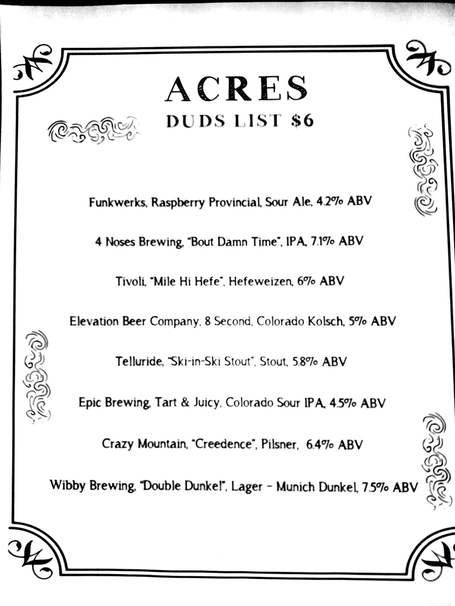 Acres меню
