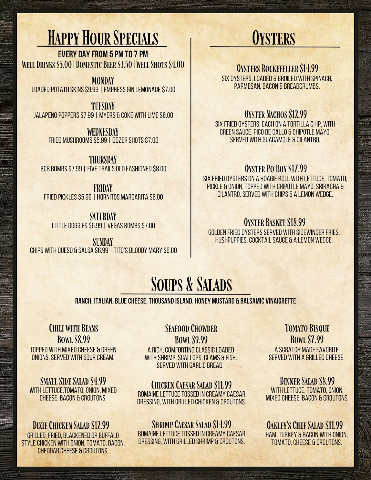 Oakley's Texas Bar and Grill меню