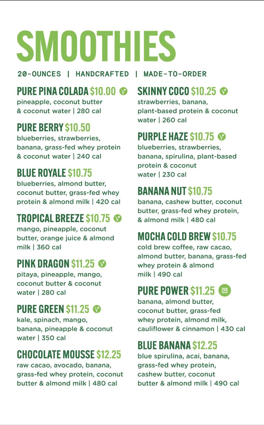 Pure Green - Juice Bar Boca Raton меню