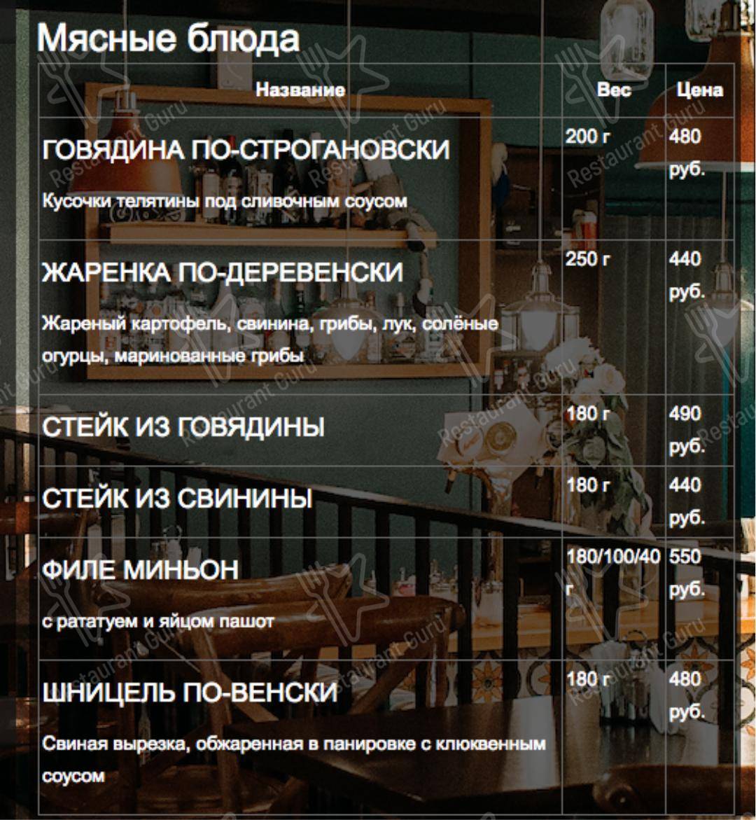 Меню кафе Пушкарёв