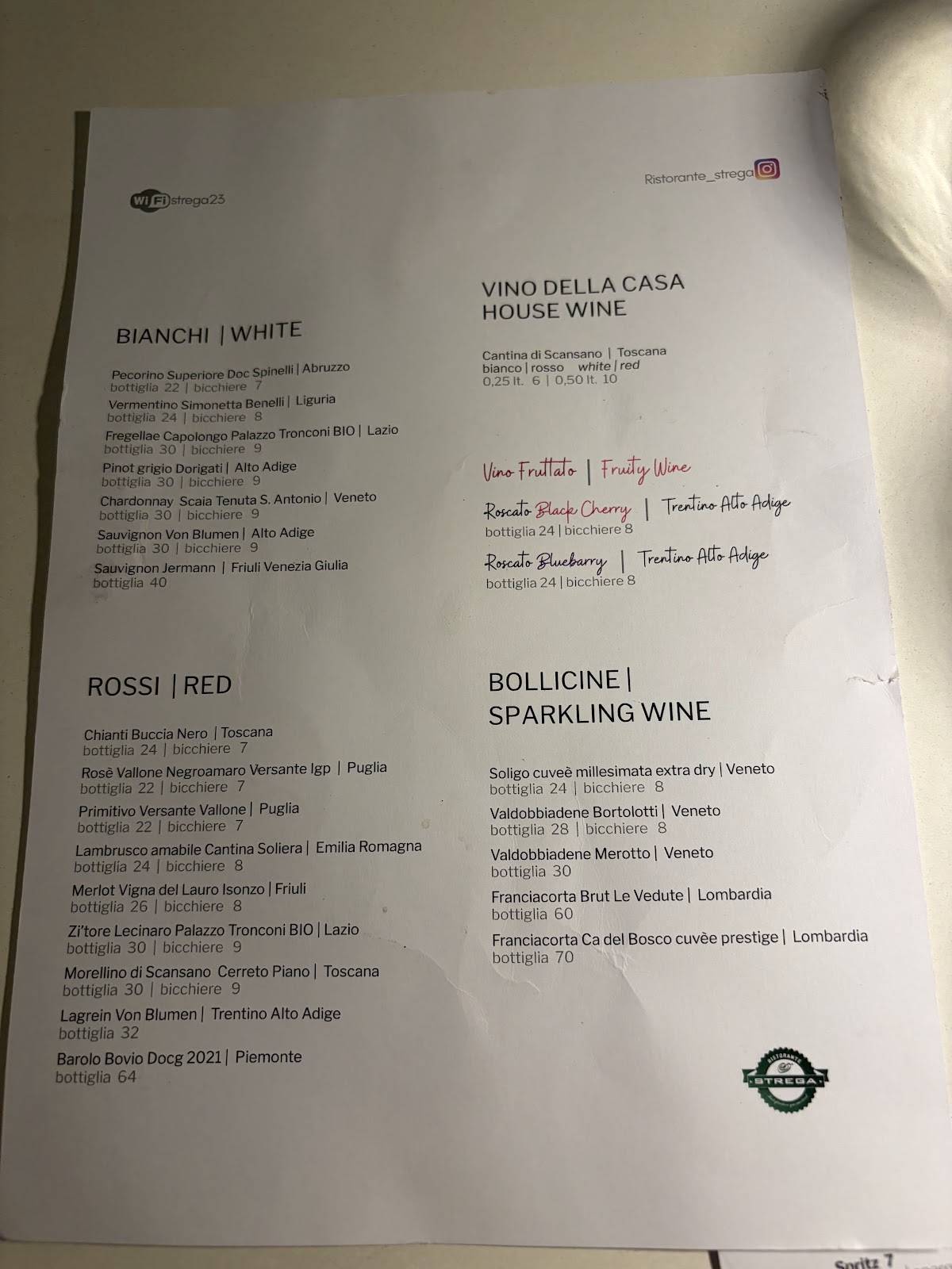RISTORANTE STREGA меню