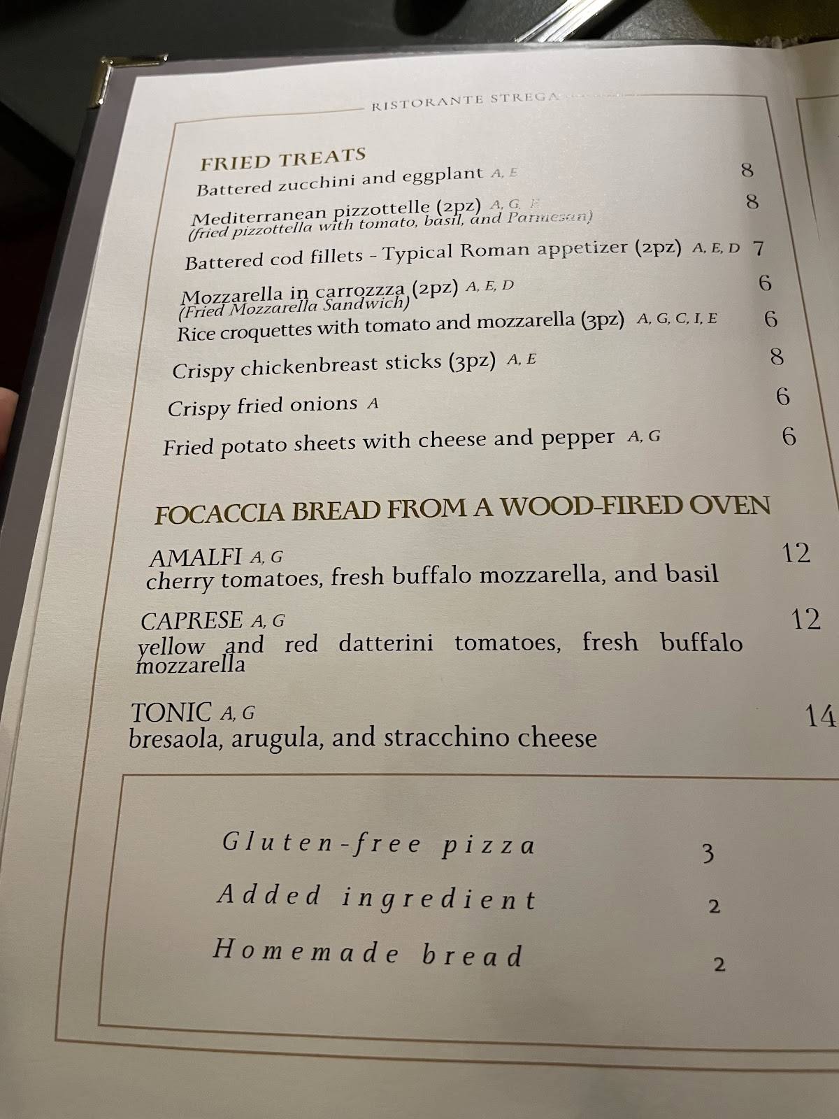 RISTORANTE STREGA меню