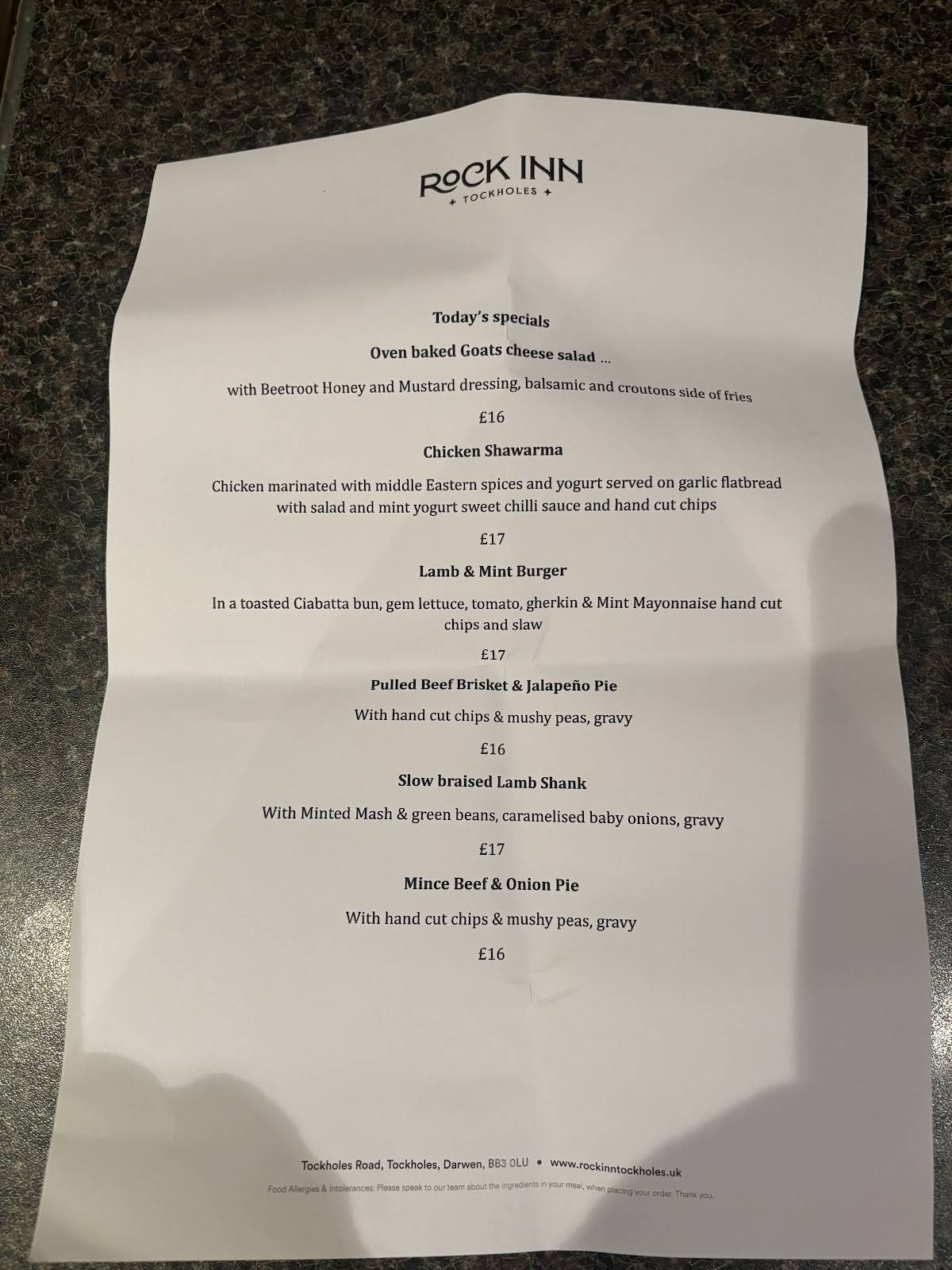ROCK INN - TOCKHOLES меню