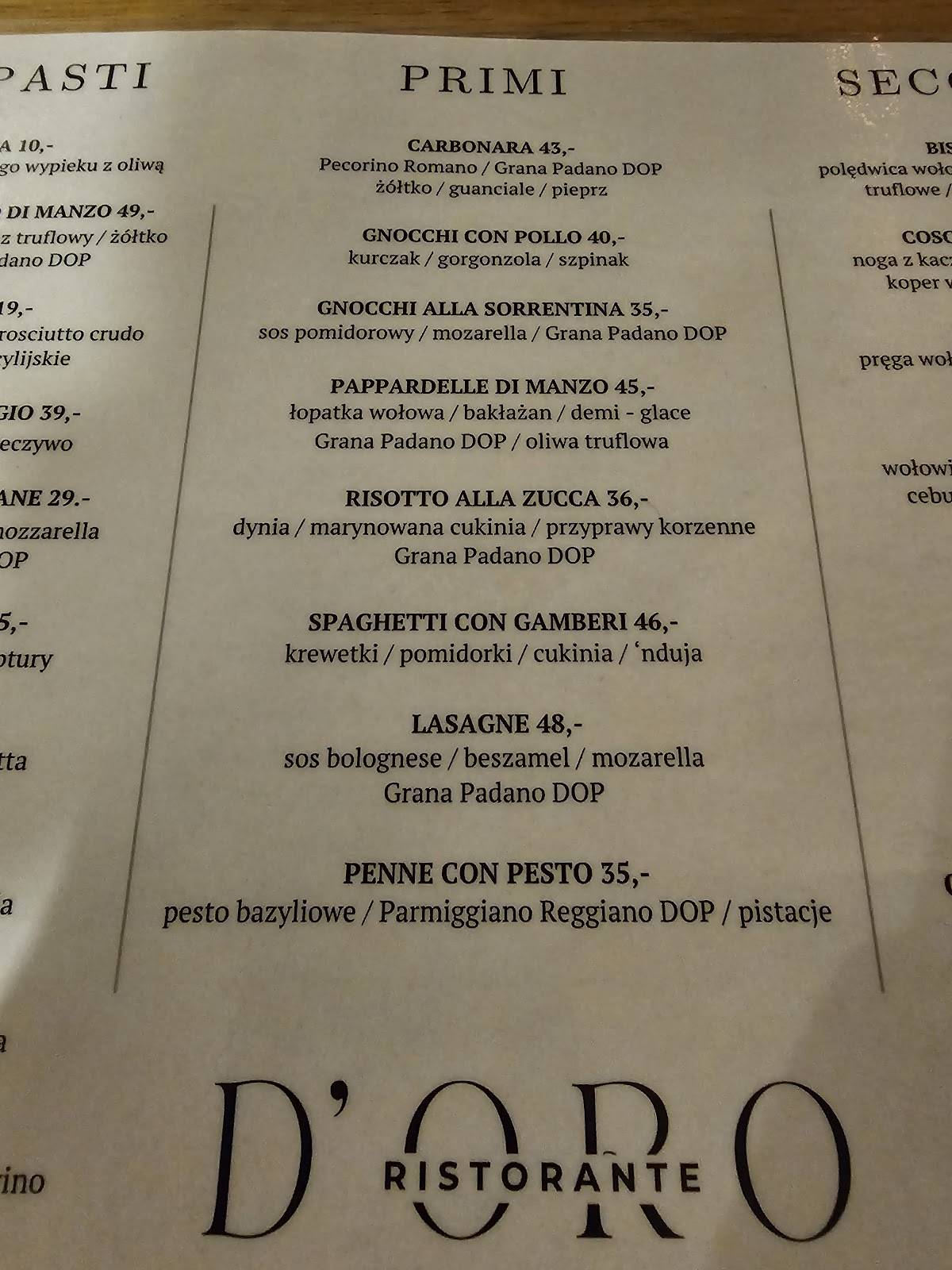Restauracja włoska d’ORO Ristorante меню