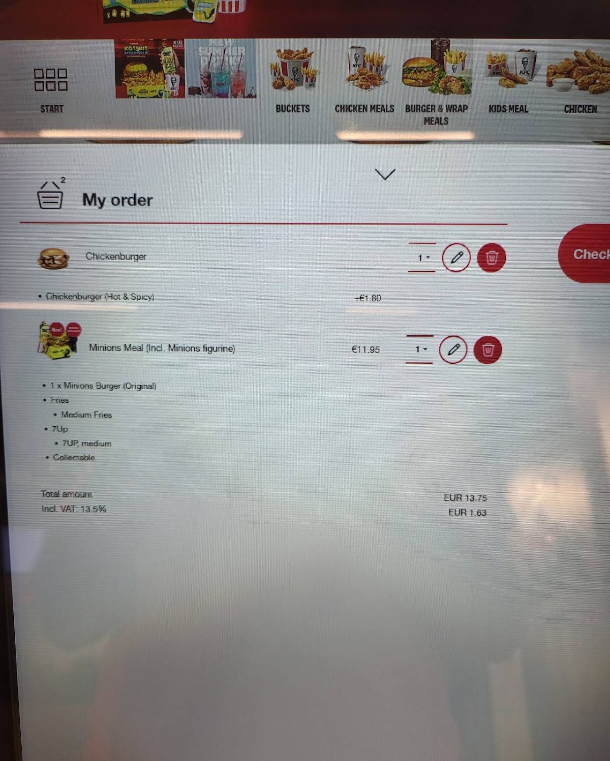 KFC Sello меню