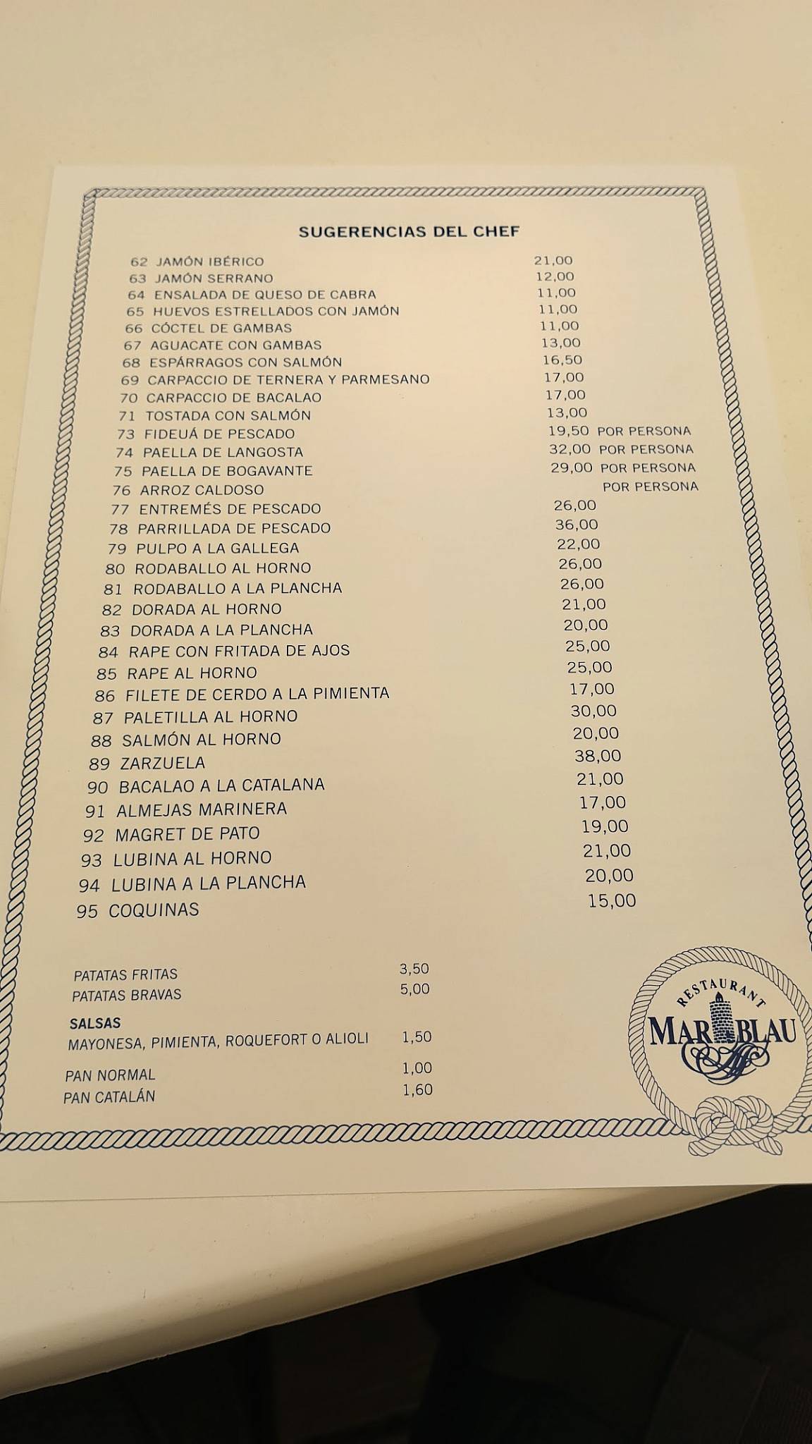 Restaurant Mar Blau меню