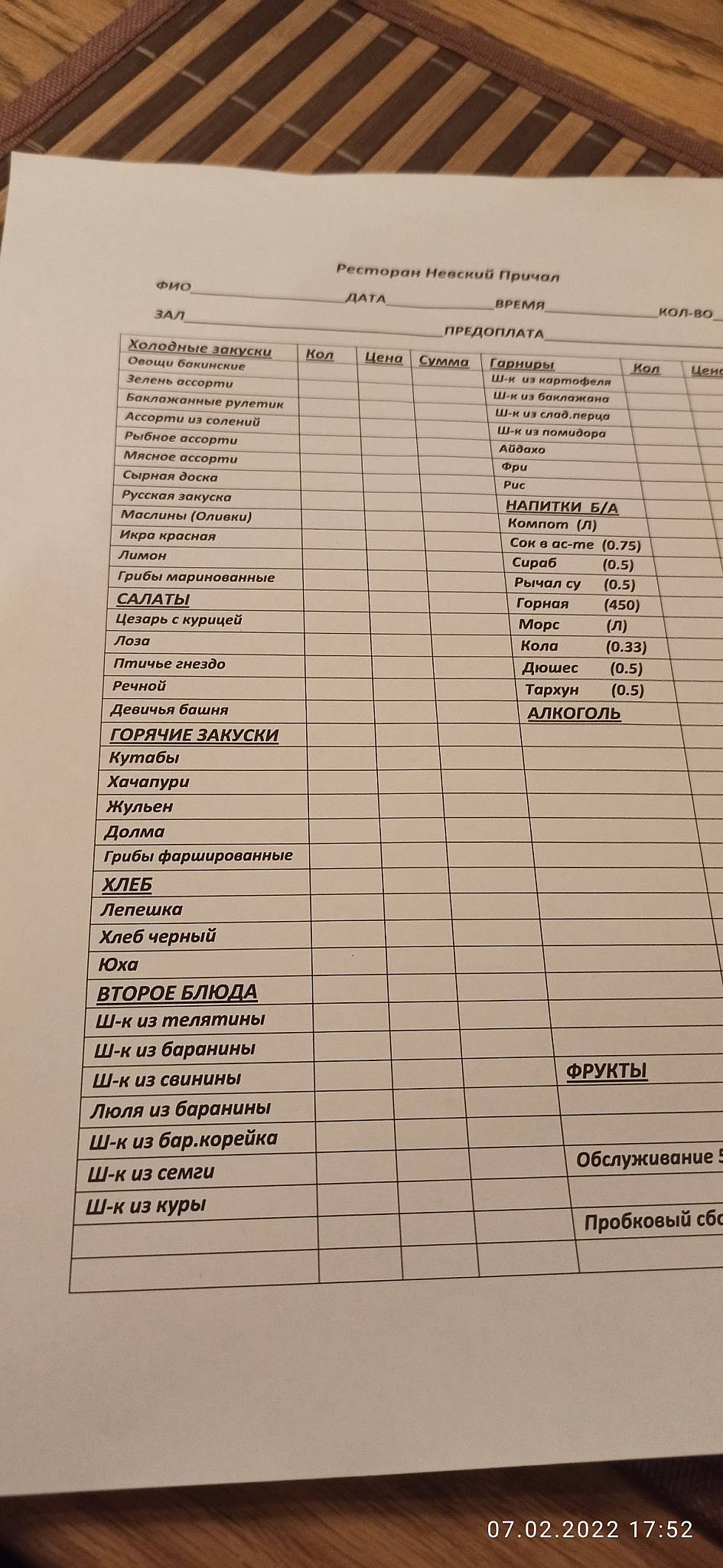 Невский причал меню