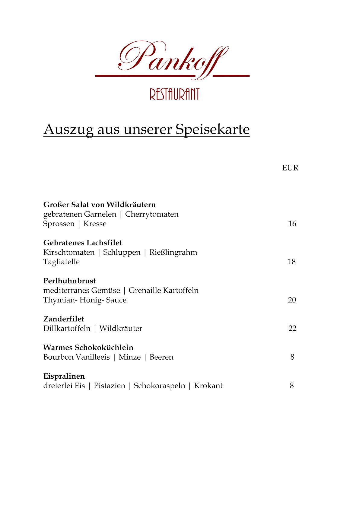 Restaurant Pankoff меню