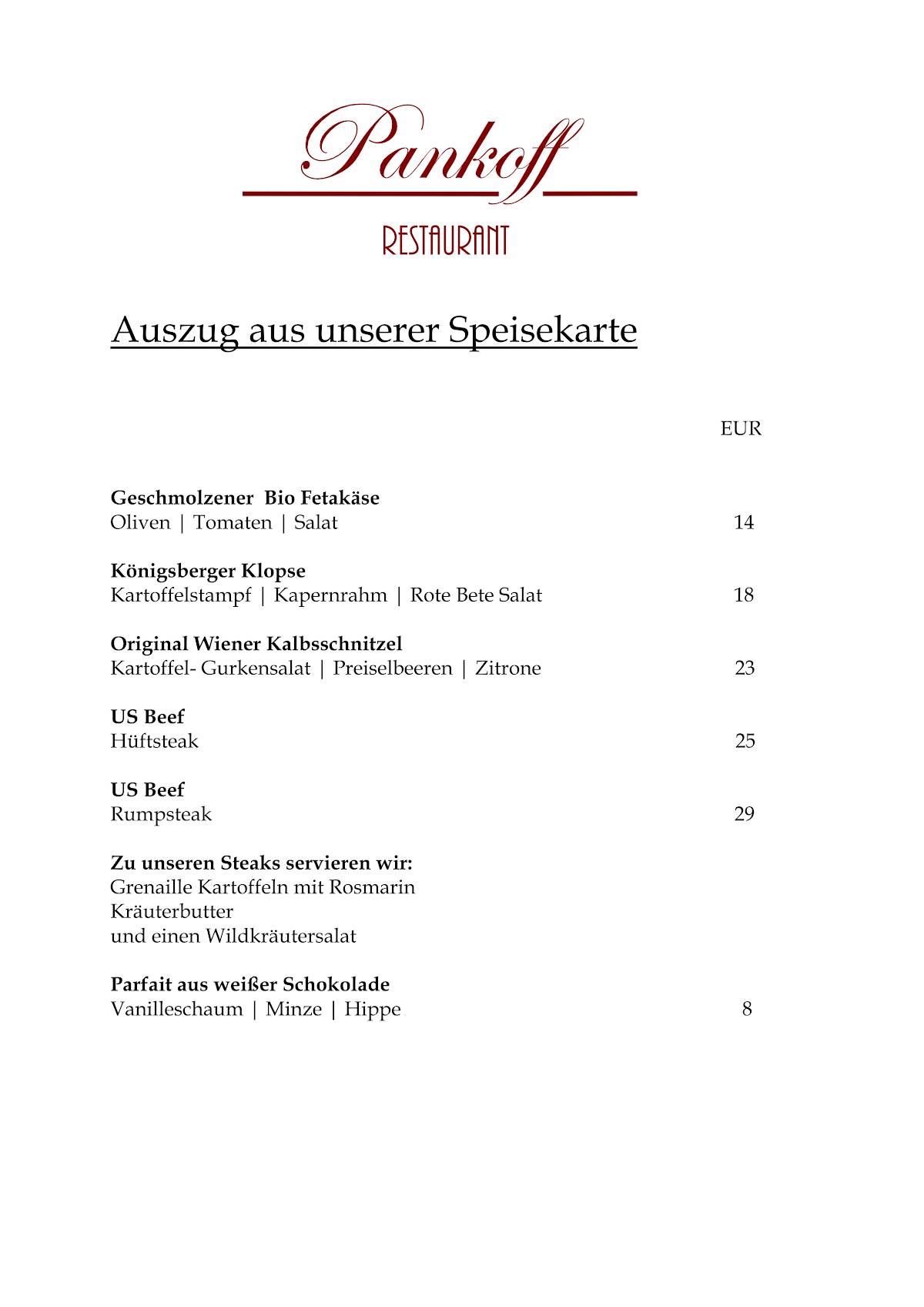 Restaurant Pankoff меню