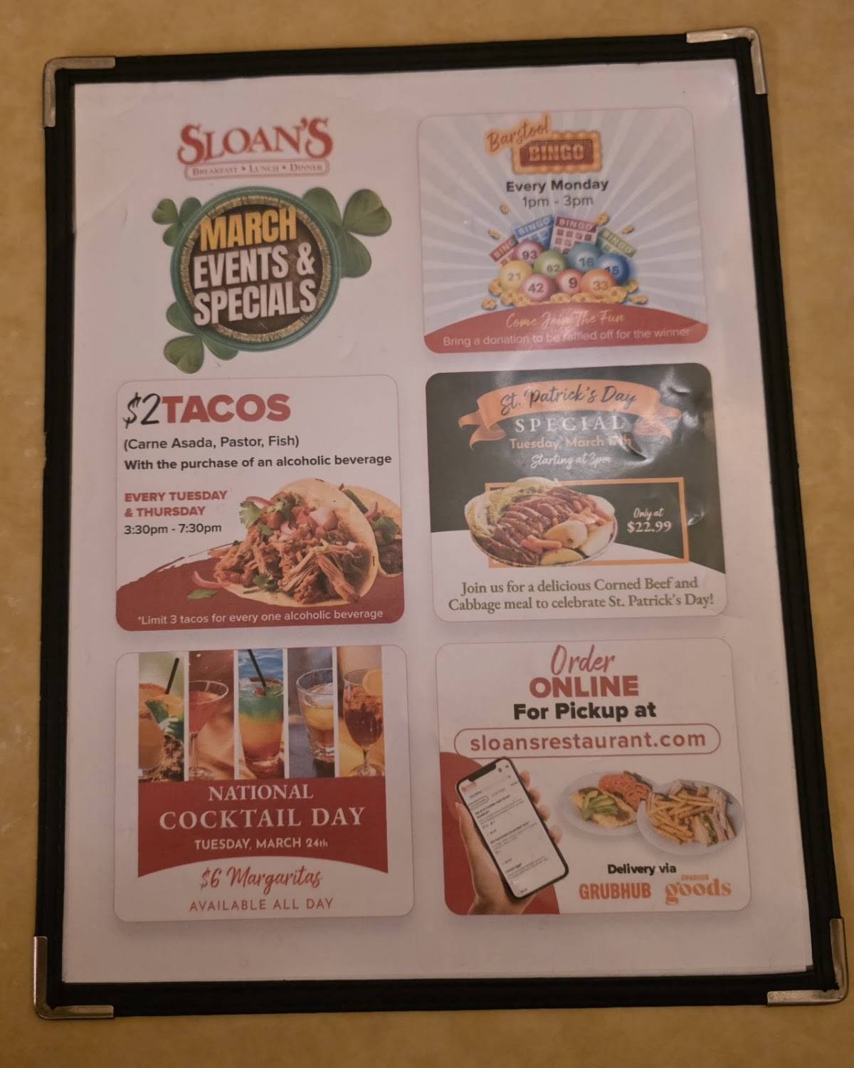 Sloan's меню