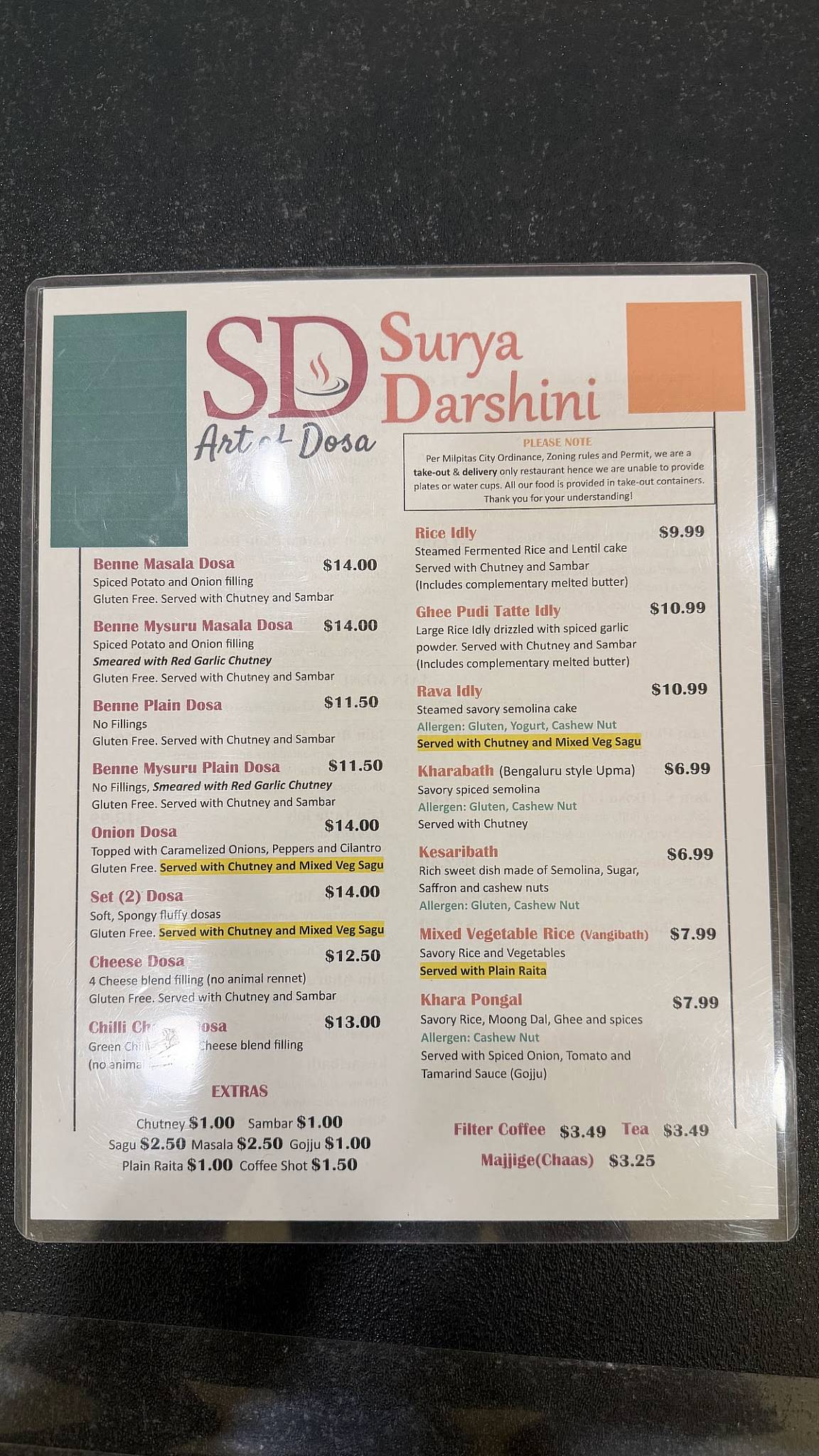 Surya Darshini Dosa Cafe меню