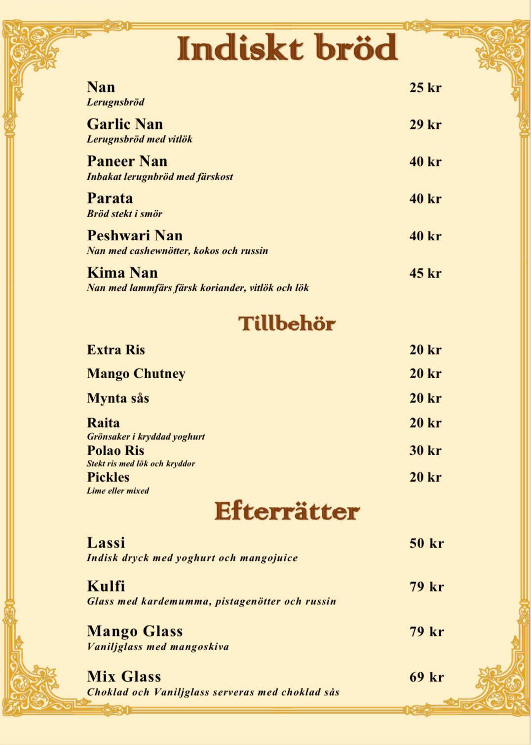 Tripti Indisk Restaurang меню