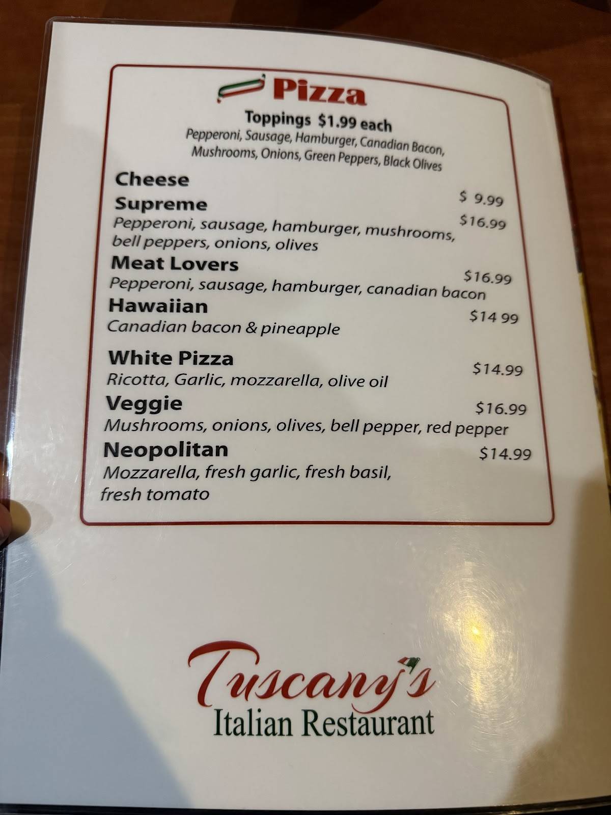 Tuscany's меню