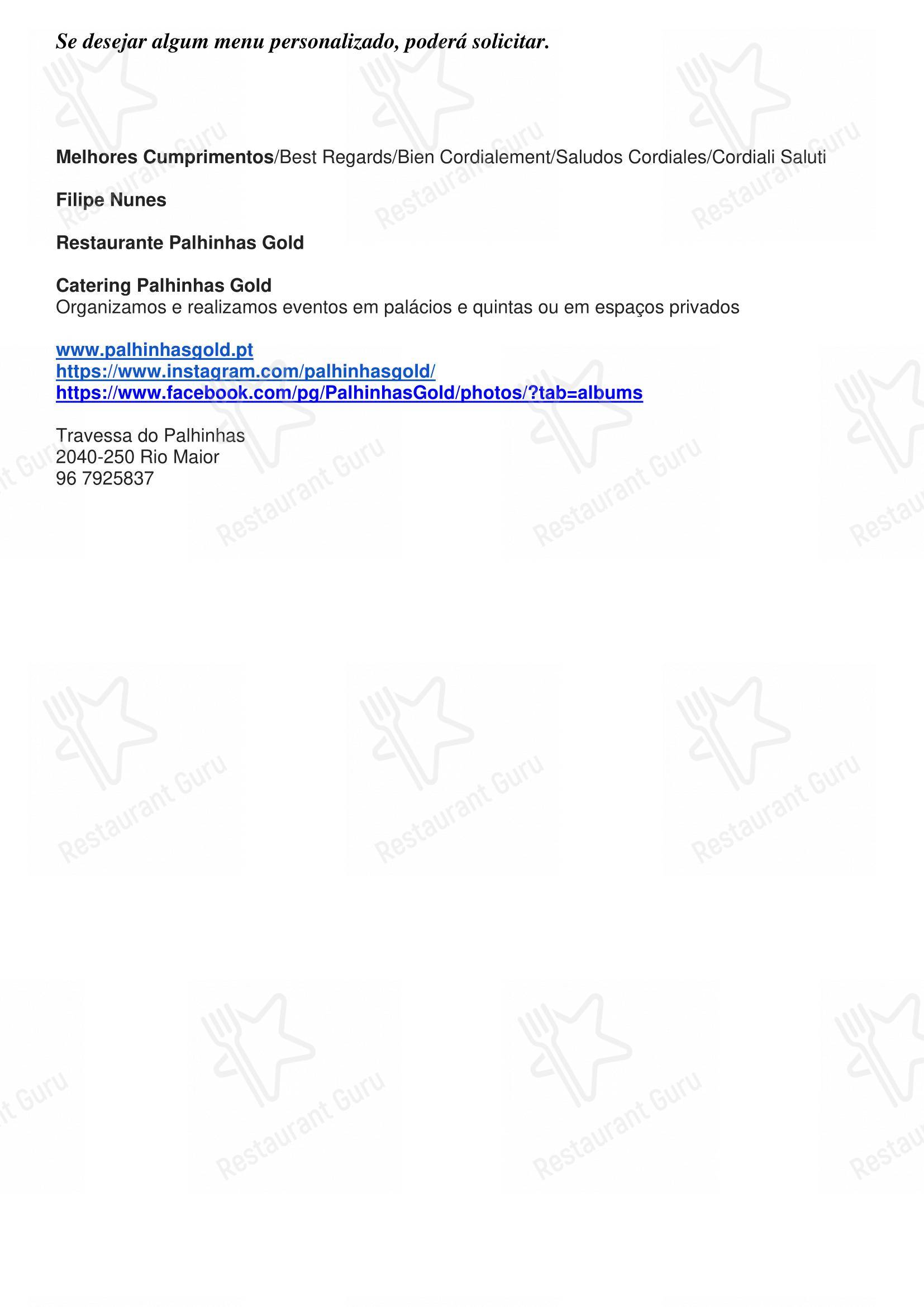 Ночное меню ресторана Palhinhas Gold в Риу-Майоре