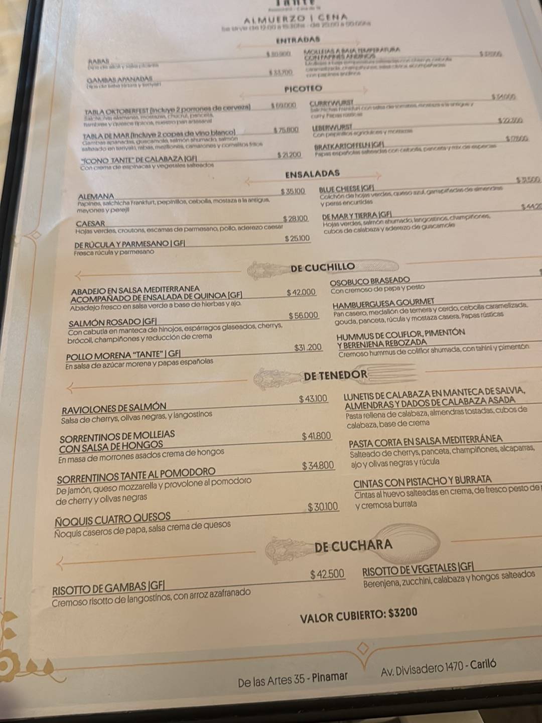 Restaurante Tante Cariló меню