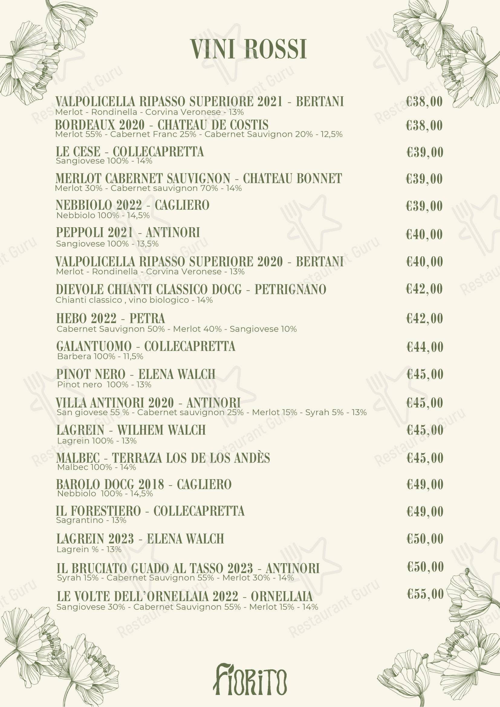 Ristorante Fiorito в Риме - Dinner Menu