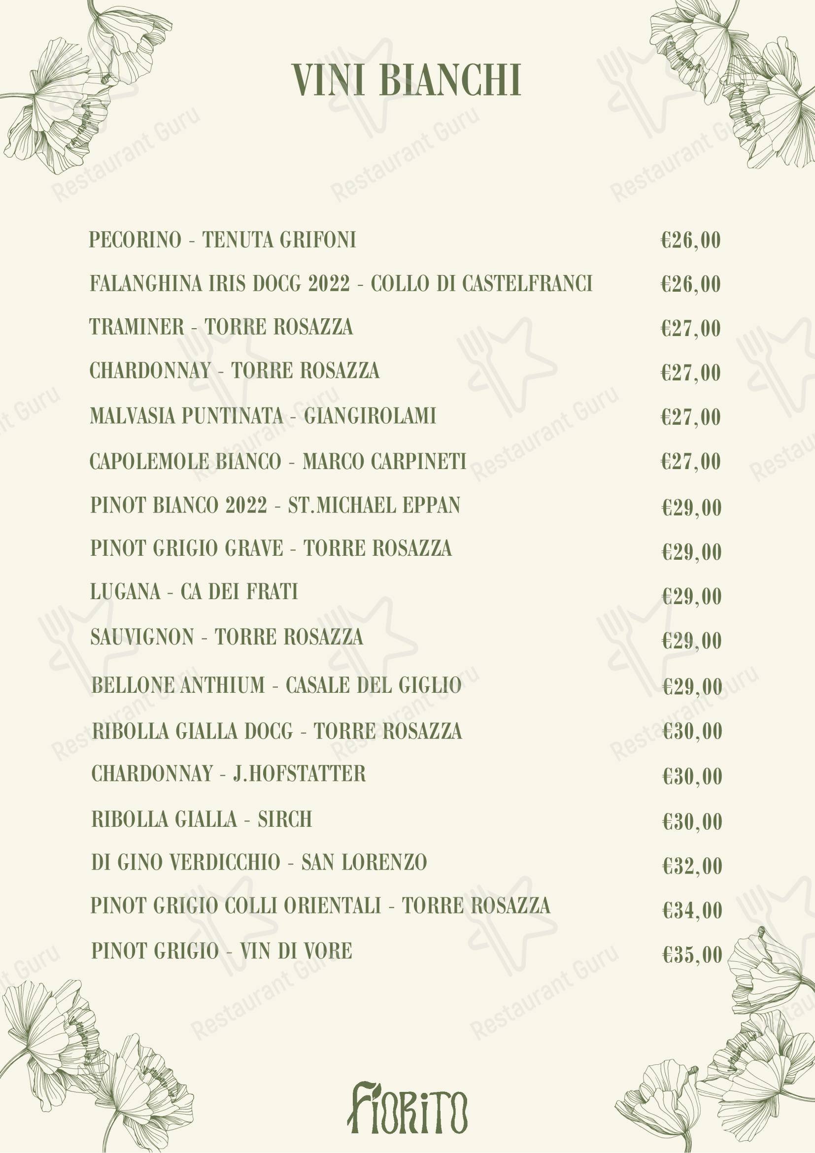 Dinner Menu ресторана Ristorante Fiorito